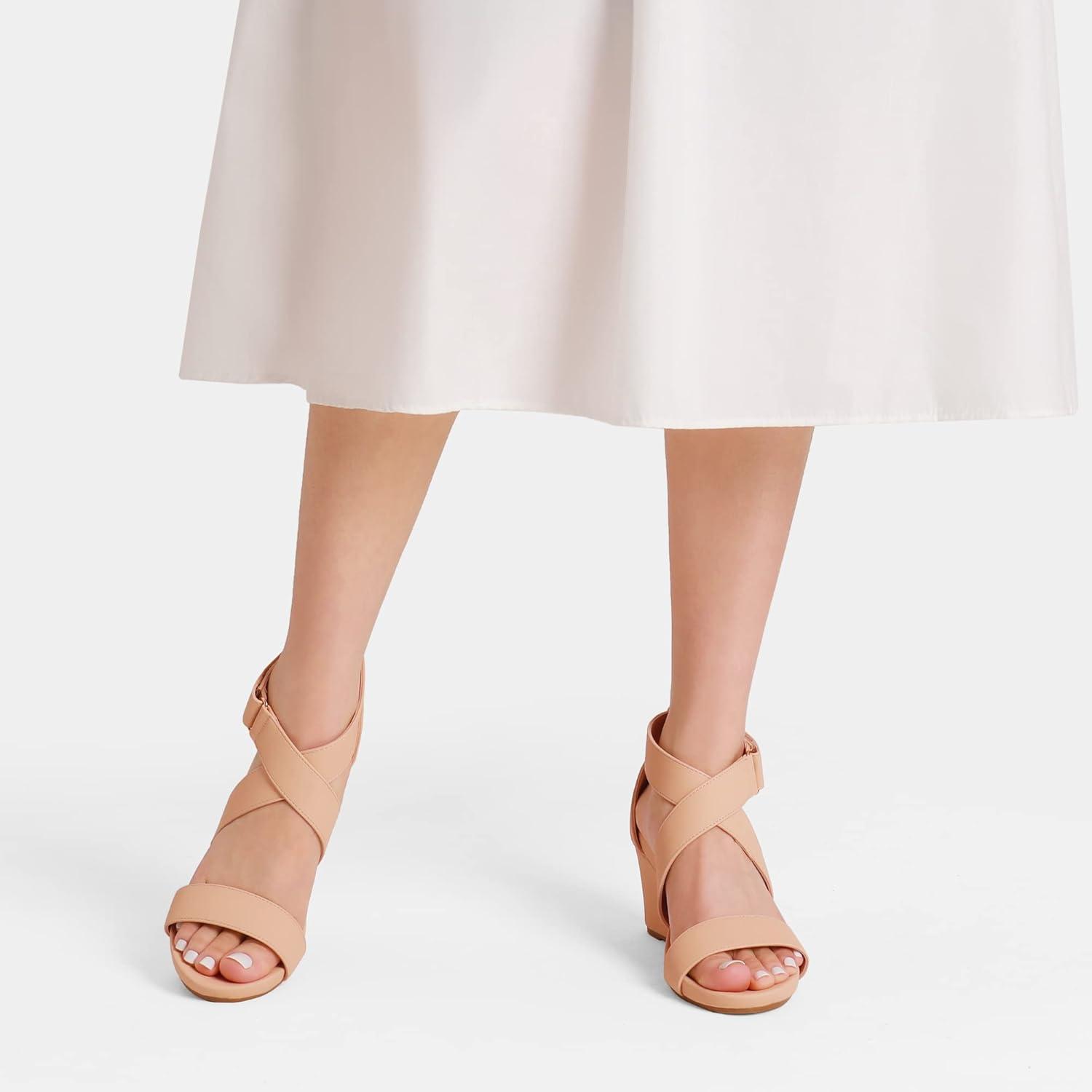 imageDREAM PAIRS Womens Ankle Strap Wedge Sandals Comfortable Open Toe Summer Dress ShoesNudeNubuck