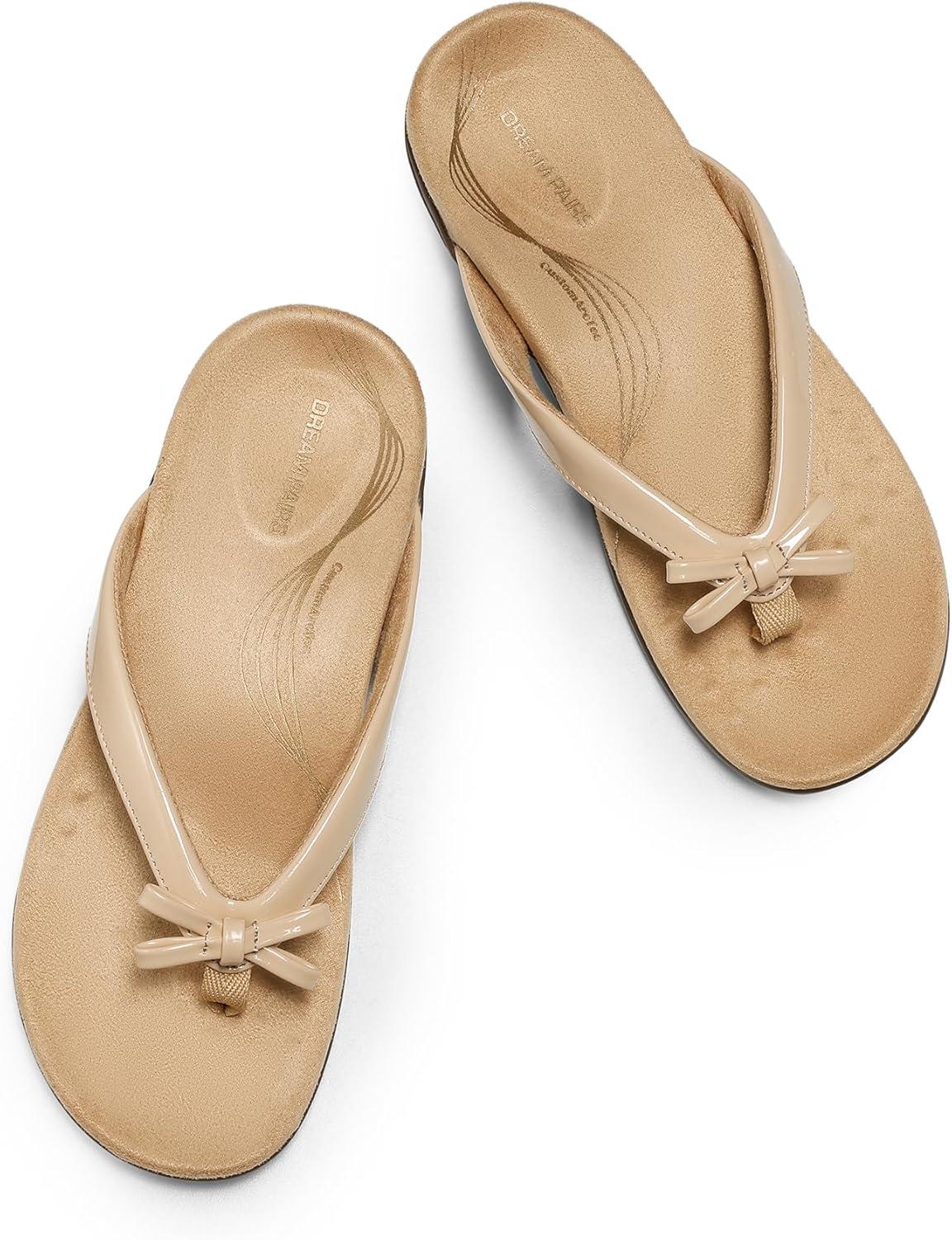 imageDREAM PAIRS Womens Arch Support Flip Flops Comfortable Dressy Orthopedic Thong Sandals Slides with Bow for Walking Summer VacationNude