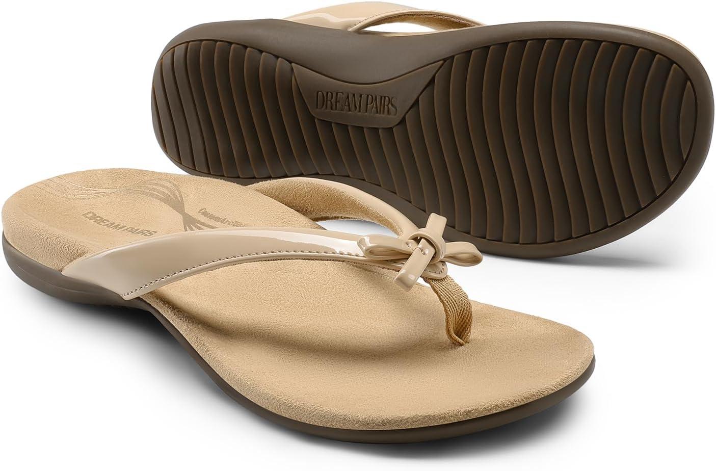 imageDREAM PAIRS Womens Arch Support Flip Flops Comfortable Dressy Orthopedic Thong Sandals Slides with Bow for Walking Summer VacationNude