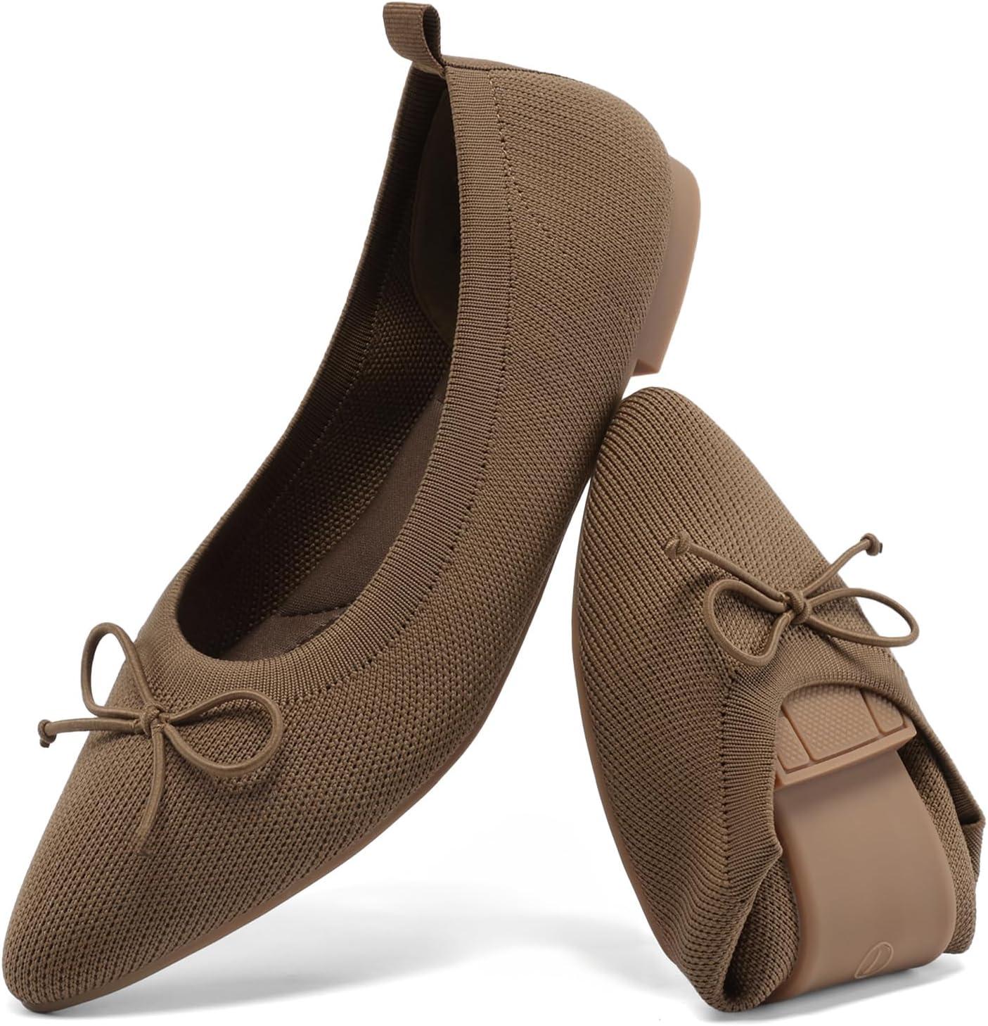 imageDREAM PAIRS Womens Ballet Knit Flats Foldable Pointed Toe Comfortable Dressy Flat Shoes with BowKnot Casual Business Work OfficeBrown