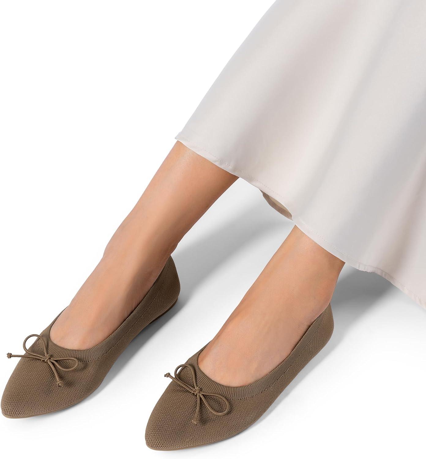 imageDREAM PAIRS Womens Ballet Knit Flats Foldable Pointed Toe Comfortable Dressy Flat Shoes with BowKnot Casual Business Work OfficeBrown