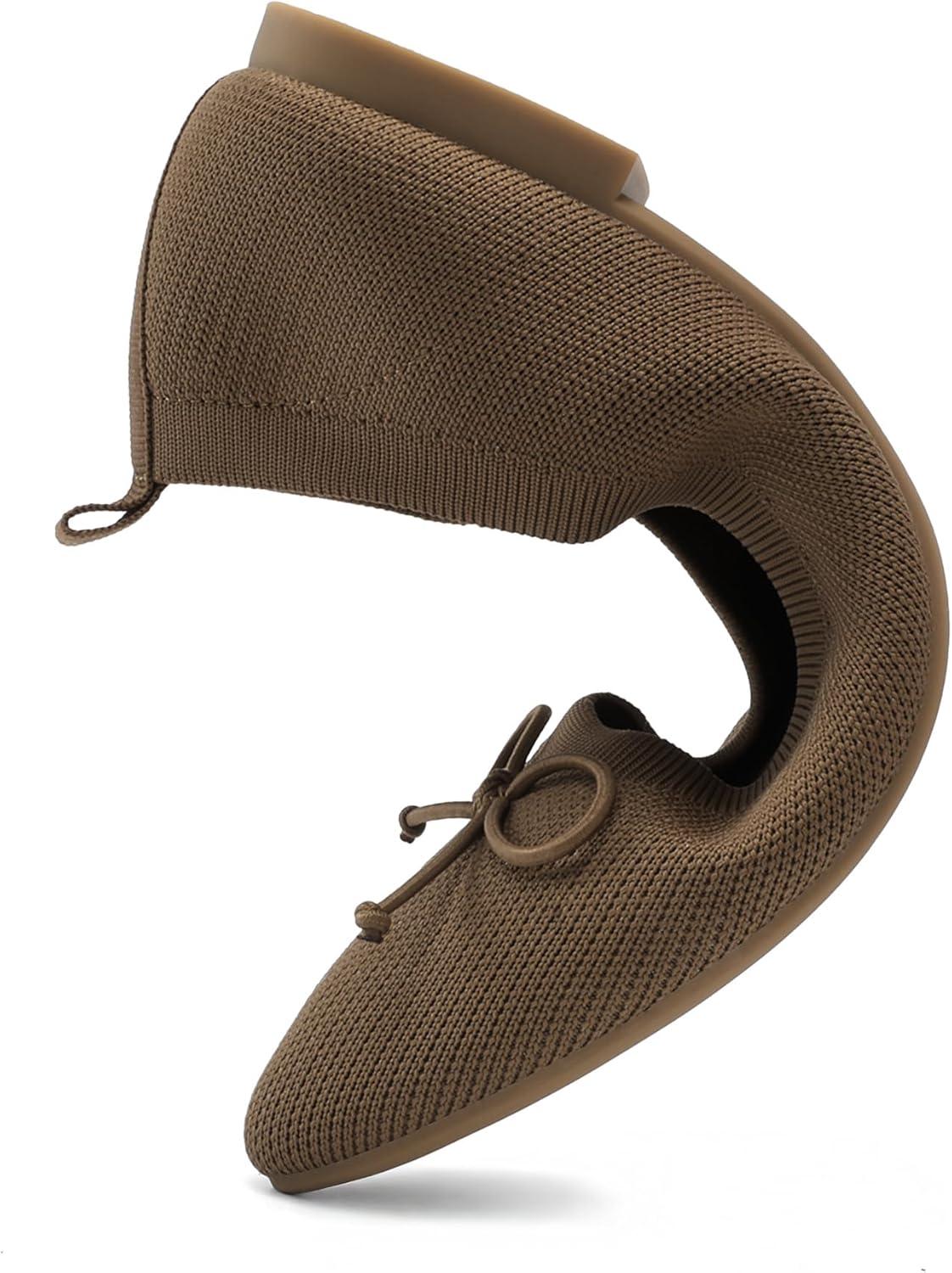 imageDREAM PAIRS Womens Ballet Knit Flats Foldable Pointed Toe Comfortable Dressy Flat Shoes with BowKnot Casual Business Work OfficeBrown