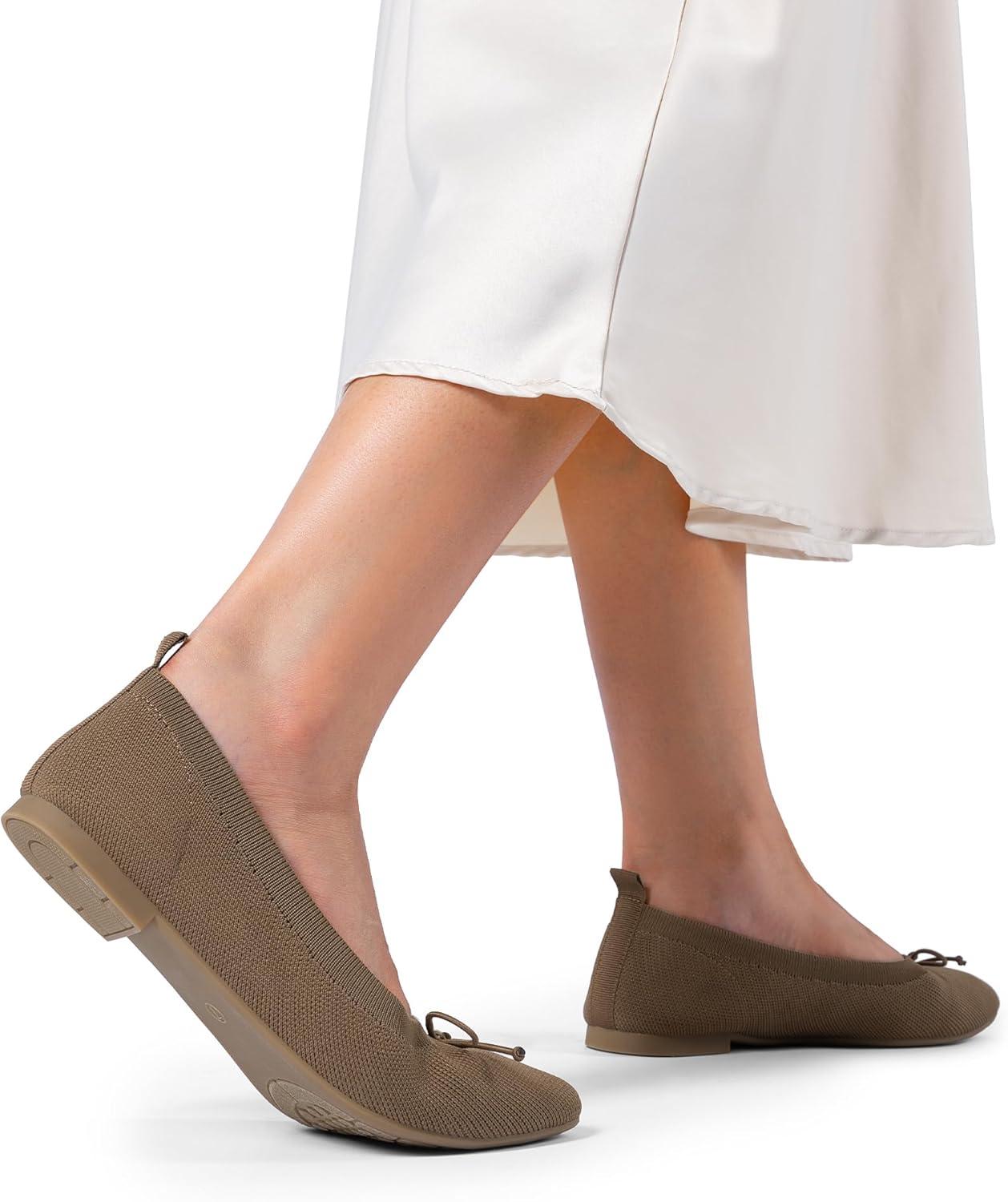 imageDREAM PAIRS Womens Ballet Knit Flats Foldable Pointed Toe Comfortable Dressy Flat Shoes with BowKnot Casual Business Work OfficeBrown