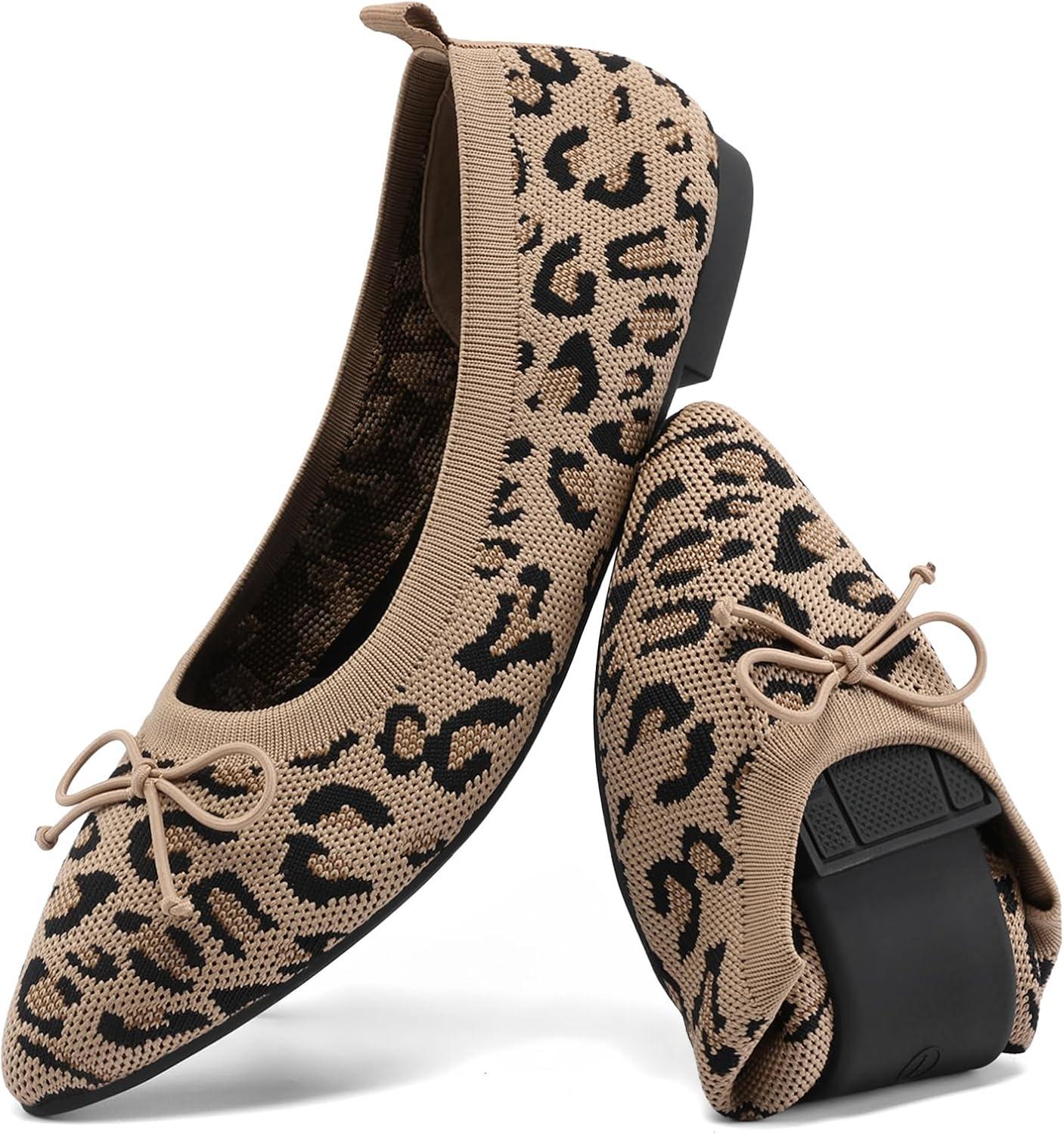 imageDREAM PAIRS Womens Ballet Knit Flats Foldable Pointed Toe Comfortable Dressy Flat Shoes with BowKnot Casual Business Work OfficeLeopard