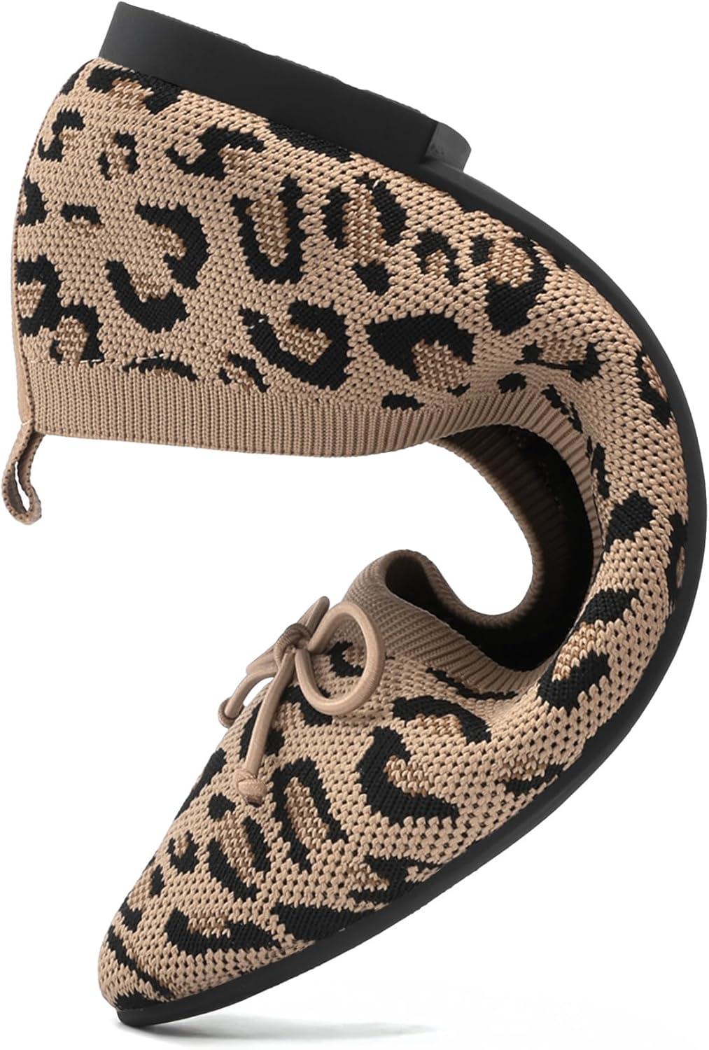 imageDREAM PAIRS Womens Ballet Knit Flats Foldable Pointed Toe Comfortable Dressy Flat Shoes with BowKnot Casual Business Work OfficeLeopard