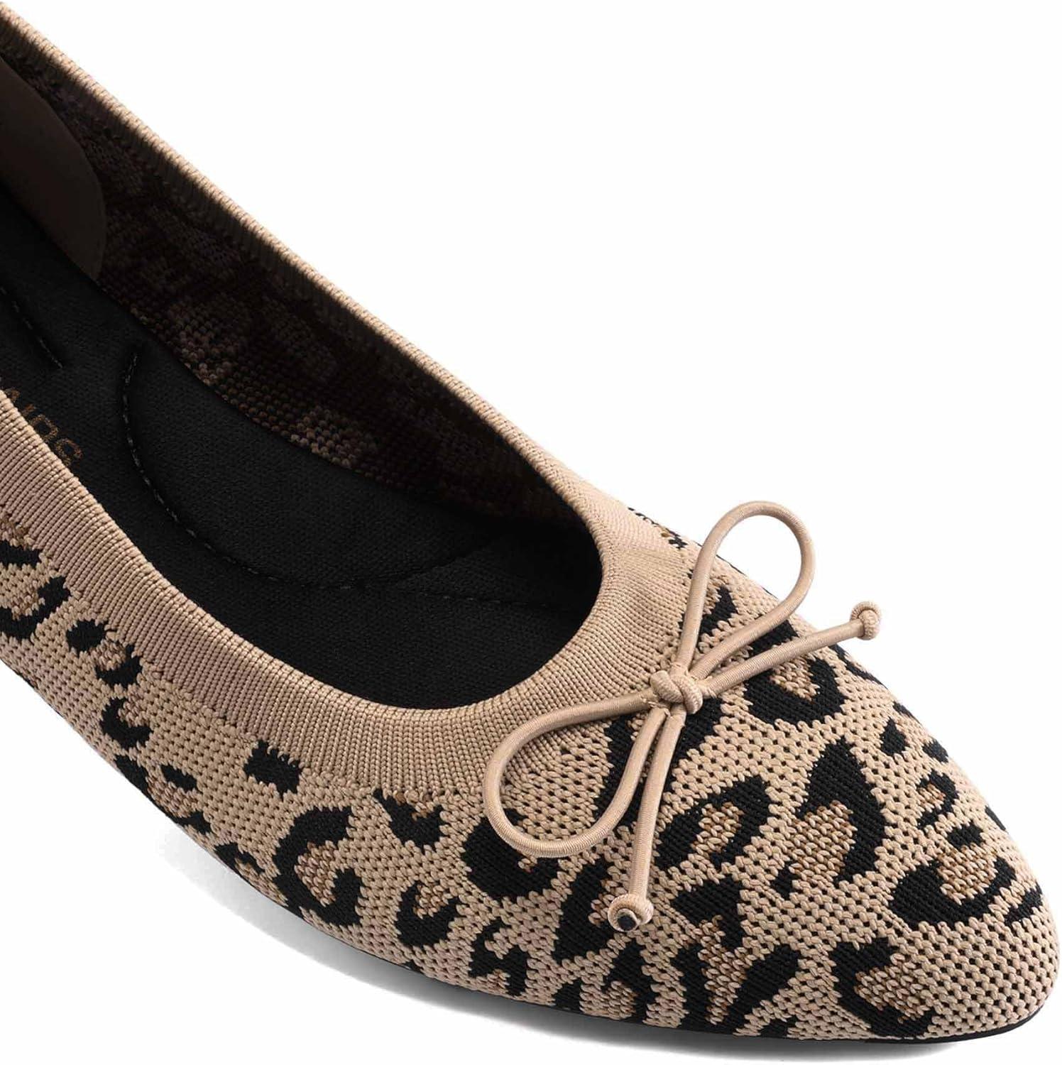 imageDREAM PAIRS Womens Ballet Knit Flats Foldable Pointed Toe Comfortable Dressy Flat Shoes with BowKnot Casual Business Work OfficeLeopard