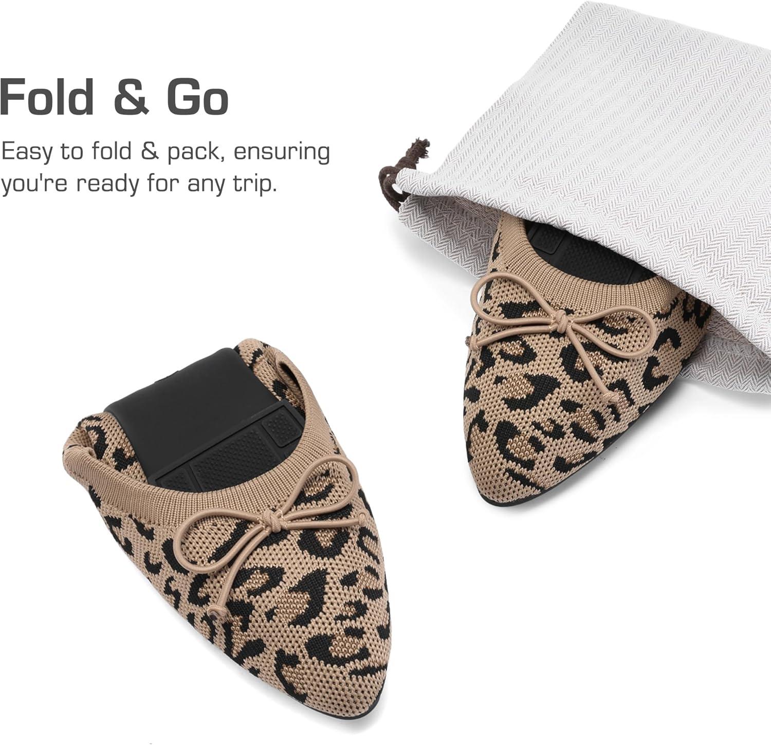 imageDREAM PAIRS Womens Ballet Knit Flats Foldable Pointed Toe Comfortable Dressy Flat Shoes with BowKnot Casual Business Work OfficeLeopard
