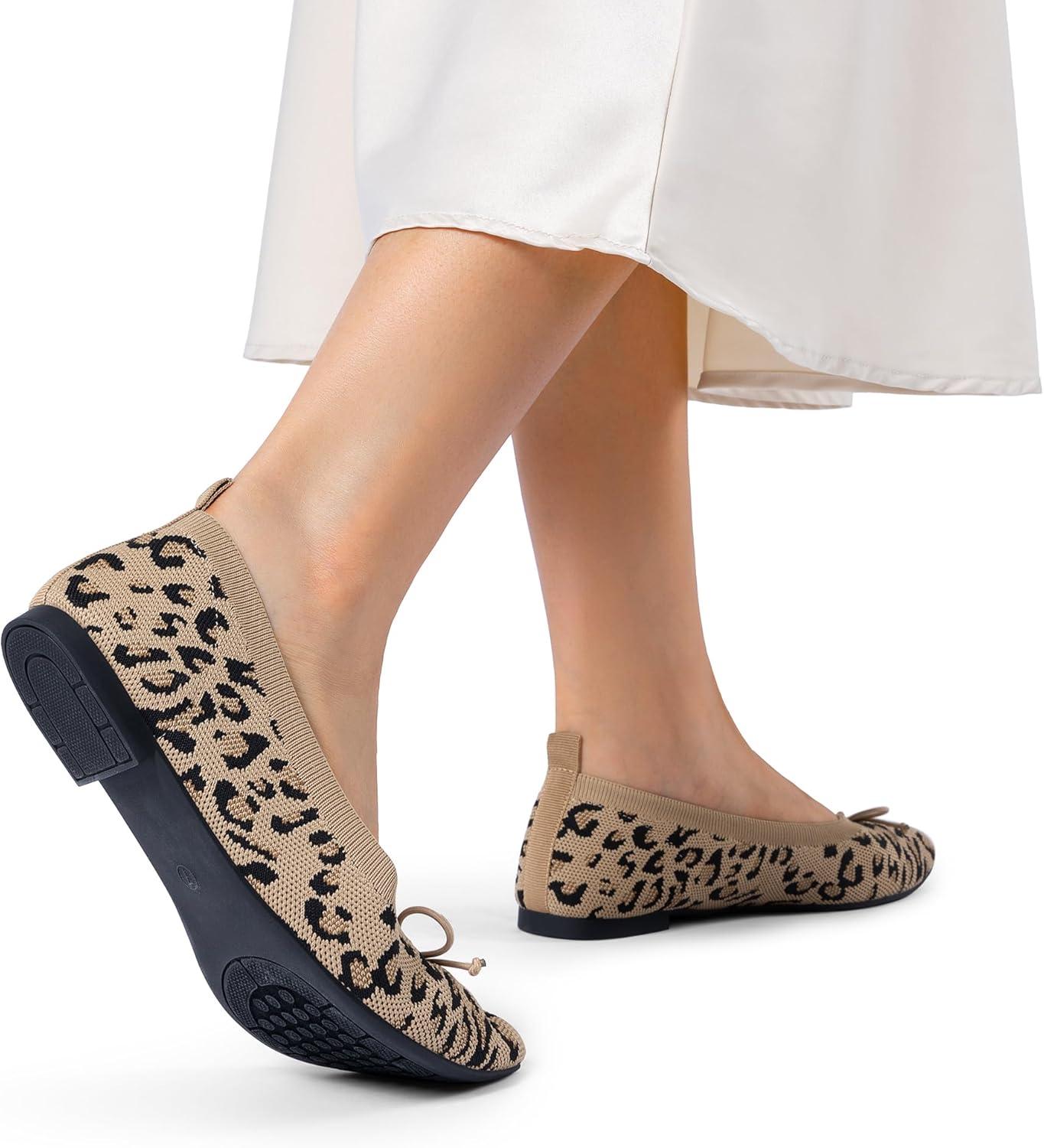 imageDREAM PAIRS Womens Ballet Knit Flats Foldable Pointed Toe Comfortable Dressy Flat Shoes with BowKnot Casual Business Work OfficeLeopard