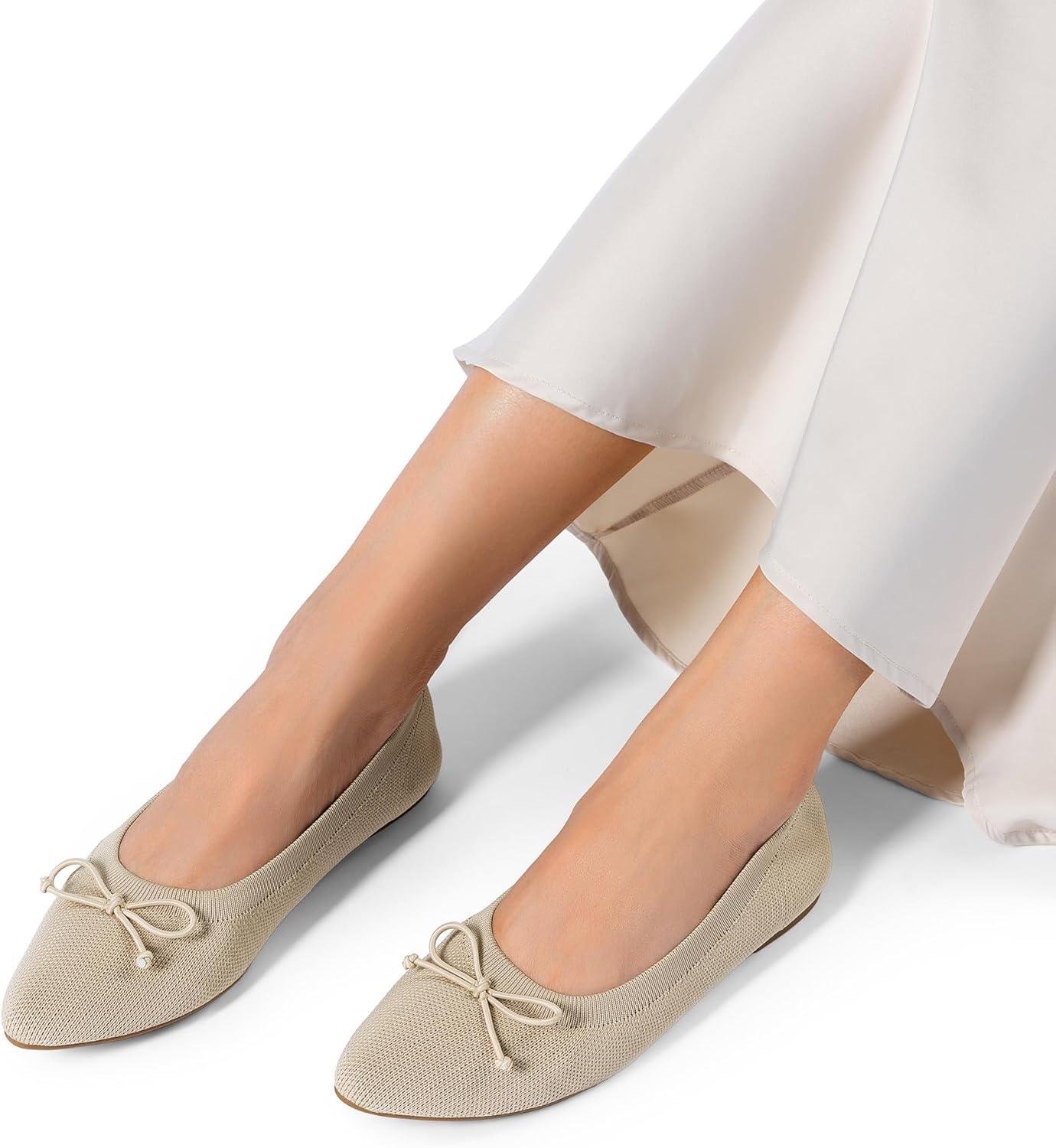 imageDREAM PAIRS Womens Ballet Knit Flats Foldable Pointed Toe Comfortable Dressy Flat Shoes with BowKnot Casual Business Work OfficeNude