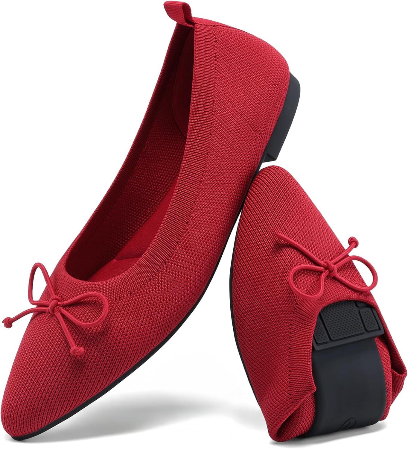 imageDREAM PAIRS Womens Ballet Knit Flats Foldable Pointed Toe Comfortable Dressy Flat Shoes with BowKnot Casual Business Work OfficeRed