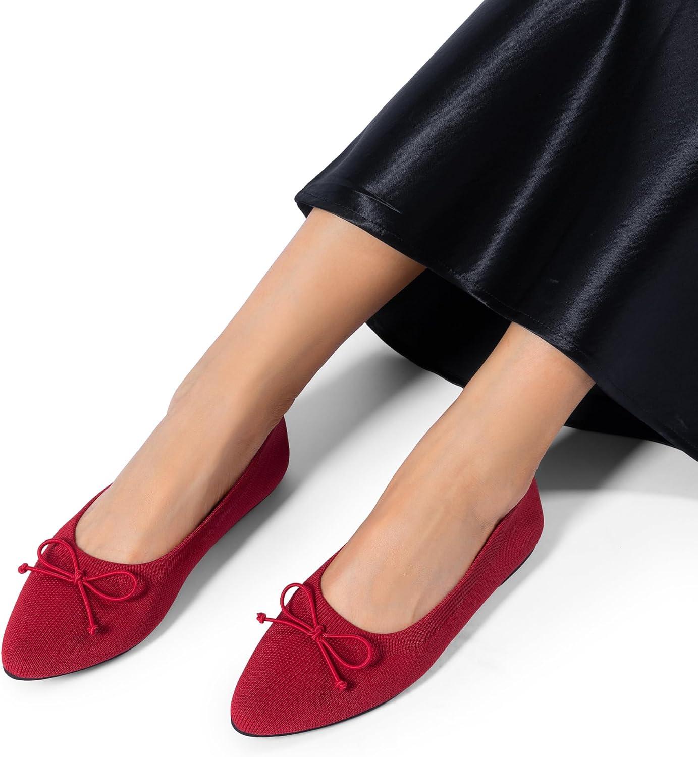 imageDREAM PAIRS Womens Ballet Knit Flats Foldable Pointed Toe Comfortable Dressy Flat Shoes with BowKnot Casual Business Work OfficeRed