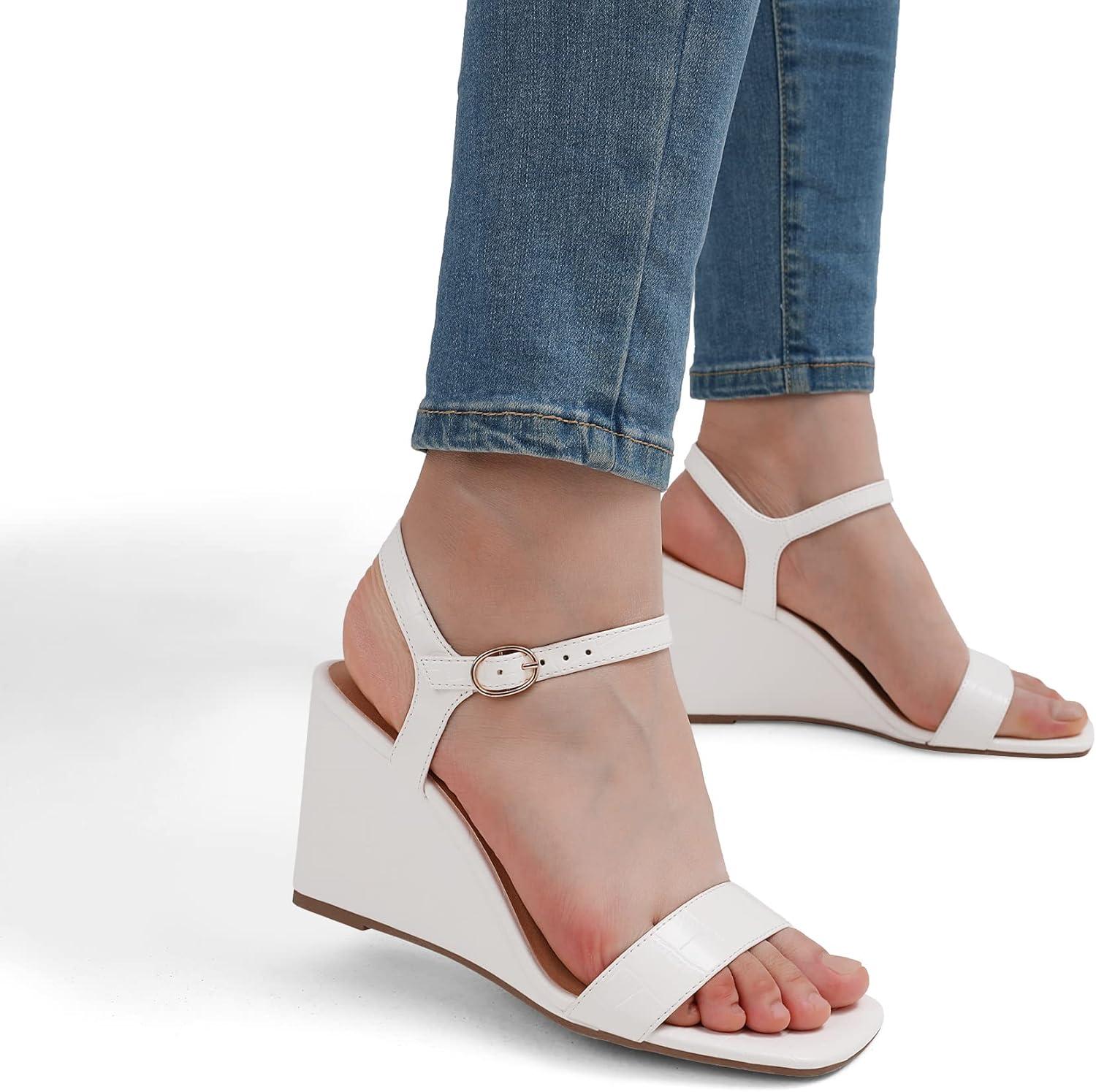 imageDREAM PAIRS Womens Casual Dressy Wedge Sandals Cute Square Toe and Buckle Ankle Strappy Slingback Wedding ShoesSdpw224w White Size 8