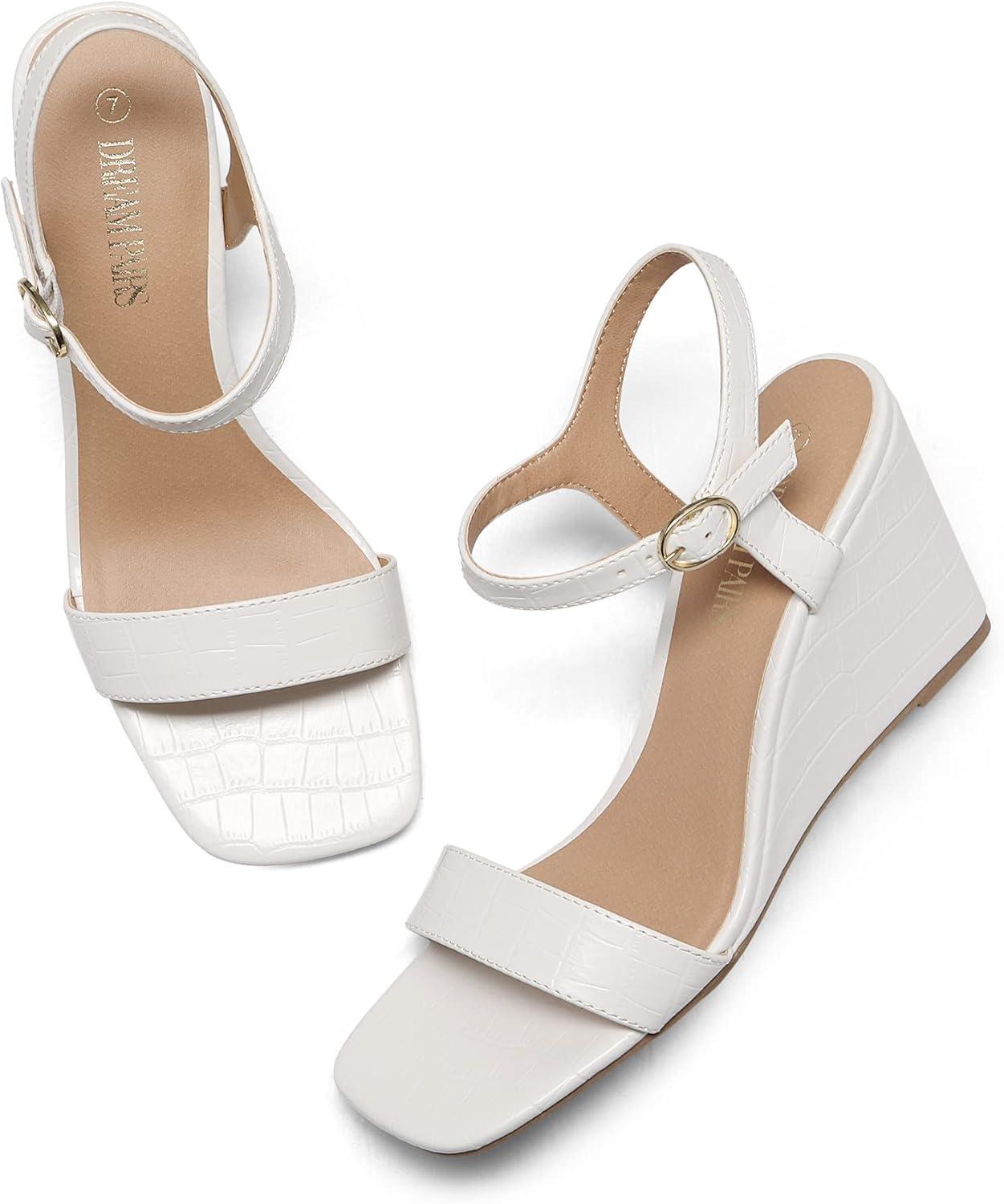 imageDREAM PAIRS Womens Casual Dressy Wedge Sandals Cute Square Toe and Buckle Ankle Strappy Slingback Wedding ShoesSdpw224w White Size 8