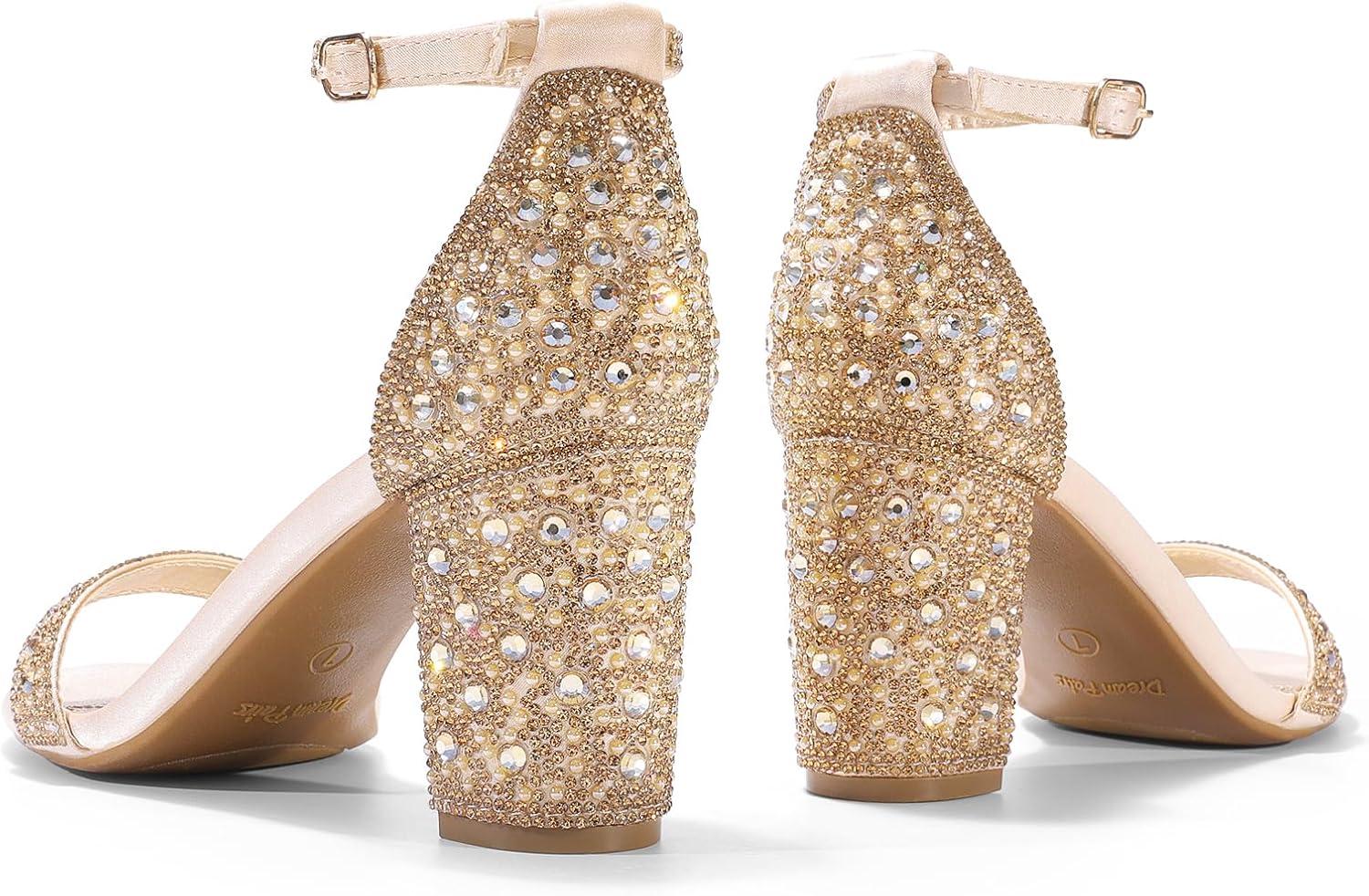 imageDREAM PAIRS Womens Chunk Low Heel Pump SandalsGoldRhinestone