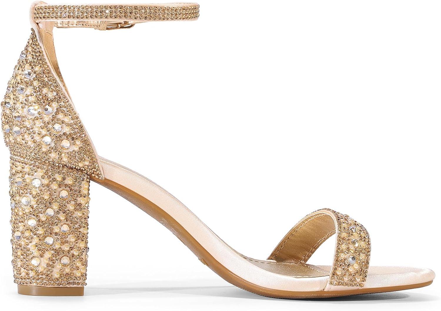 imageDREAM PAIRS Womens Chunk Low Heel Pump SandalsGoldRhinestone