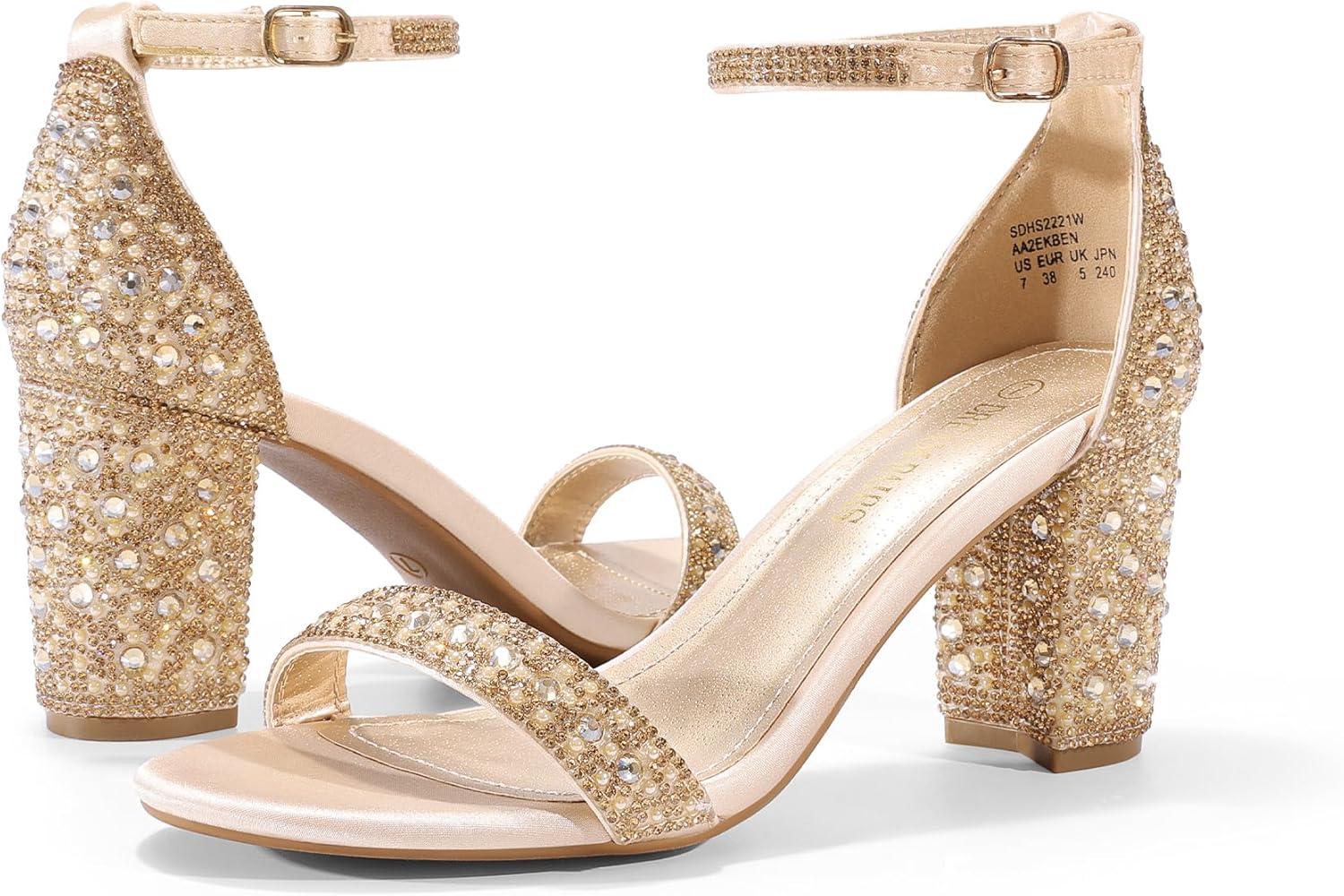 imageDREAM PAIRS Womens Chunk Low Heel Pump SandalsGoldRhinestone