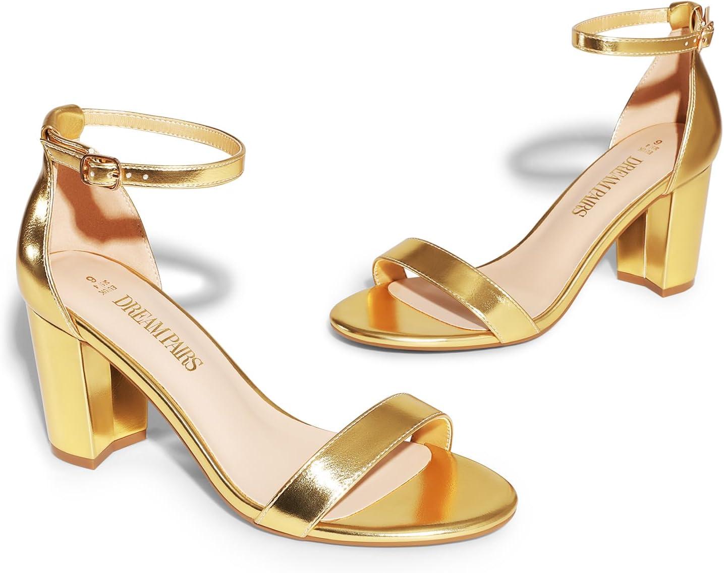imageDREAM PAIRS Womens Chunk Low Heel Pump SandalsGoldmetallic