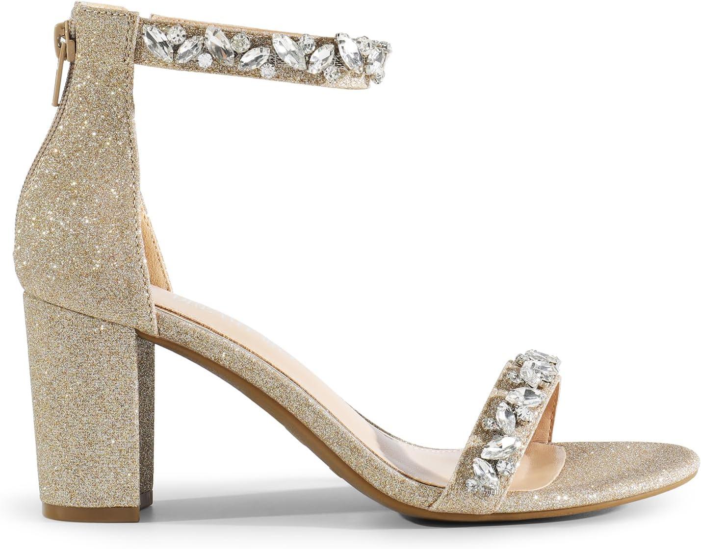 imageDREAM PAIRS Womens Chunk Low Heel Pump SandalsGoldrhinestone