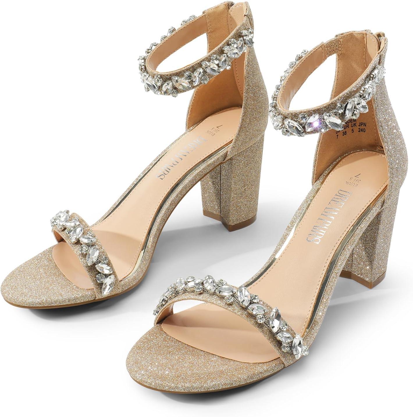 imageDREAM PAIRS Womens Chunk Low Heel Pump SandalsGoldrhinestone