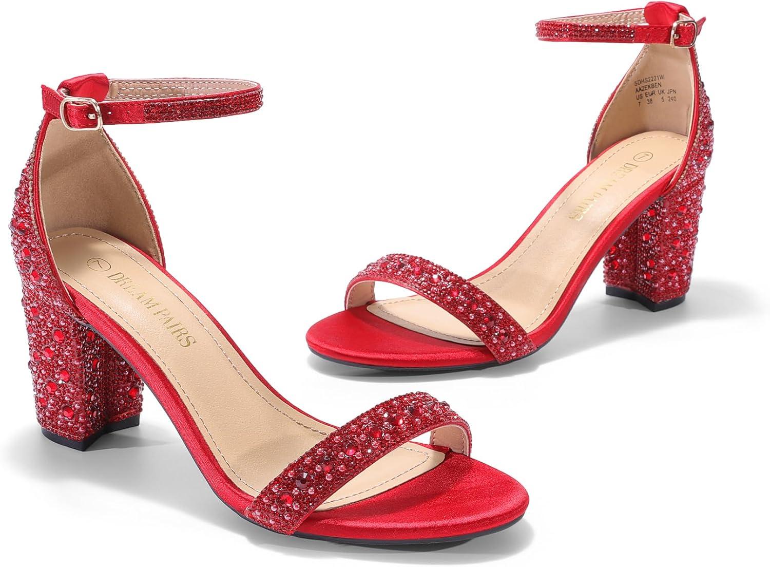 imageDREAM PAIRS Womens Chunk Low Heel Pump SandalsRedRhinestone