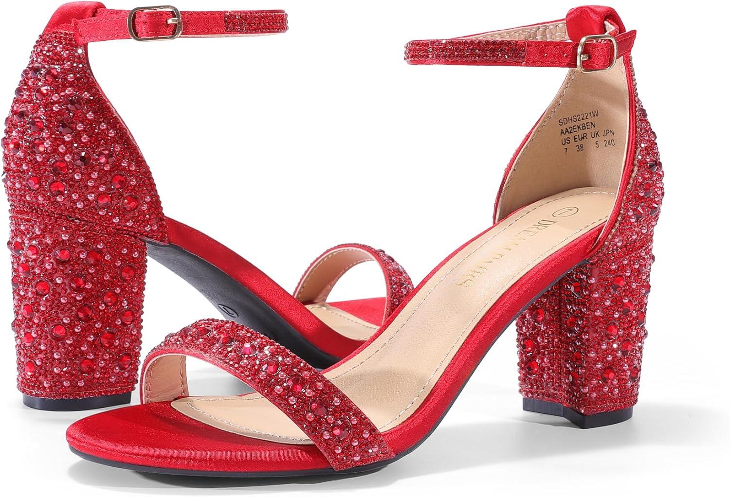 imageDREAM PAIRS Womens Chunk Low Heel Pump SandalsRedRhinestone