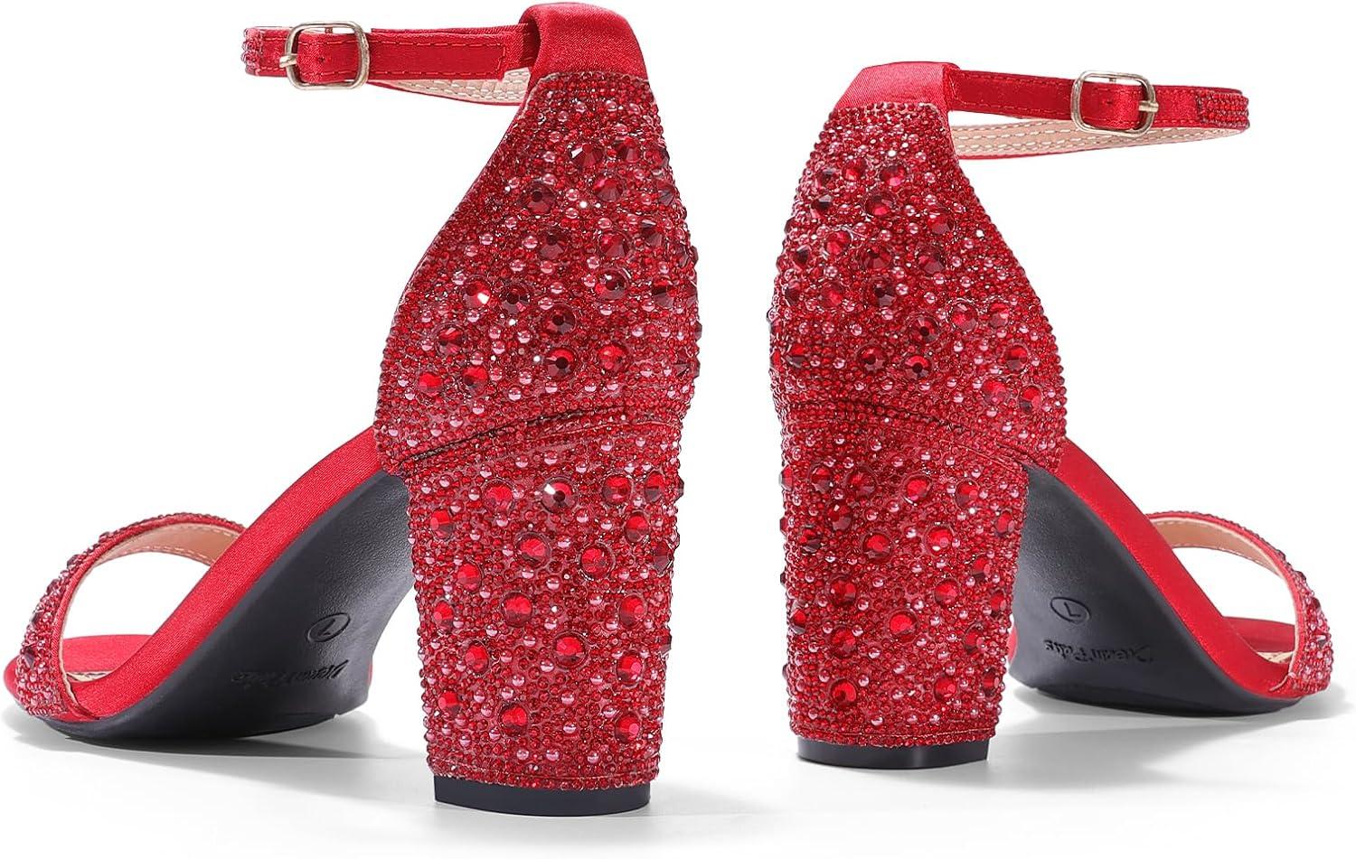 imageDREAM PAIRS Womens Chunk Low Heel Pump SandalsRedRhinestone