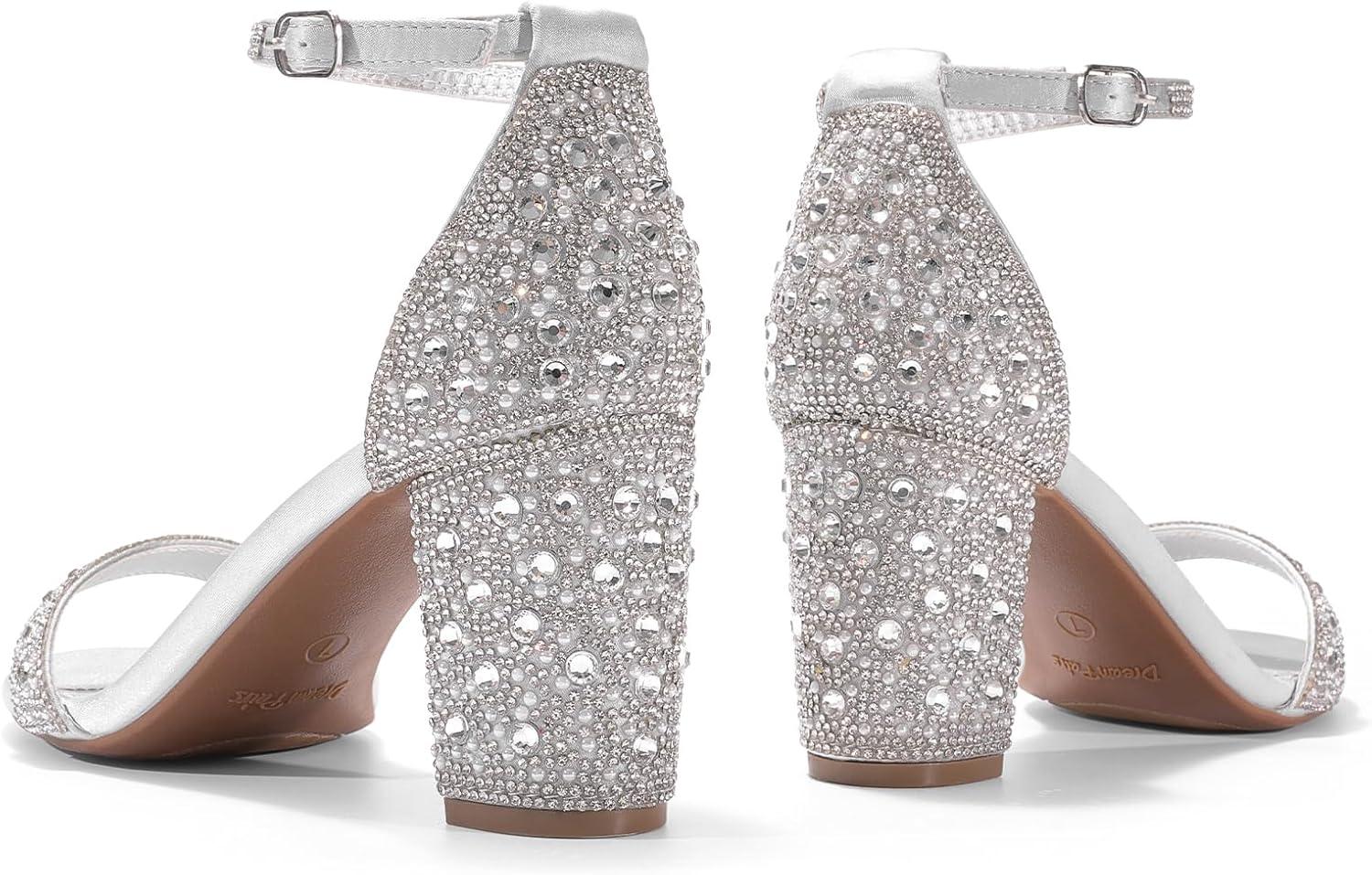 imageDREAM PAIRS Womens Chunk Low Heel Pump SandalsSilverRhinestone