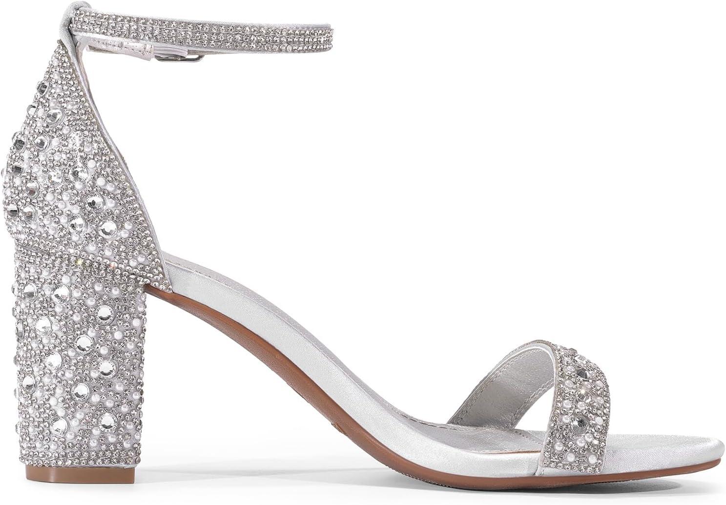 imageDREAM PAIRS Womens Chunk Low Heel Pump SandalsSilverRhinestone