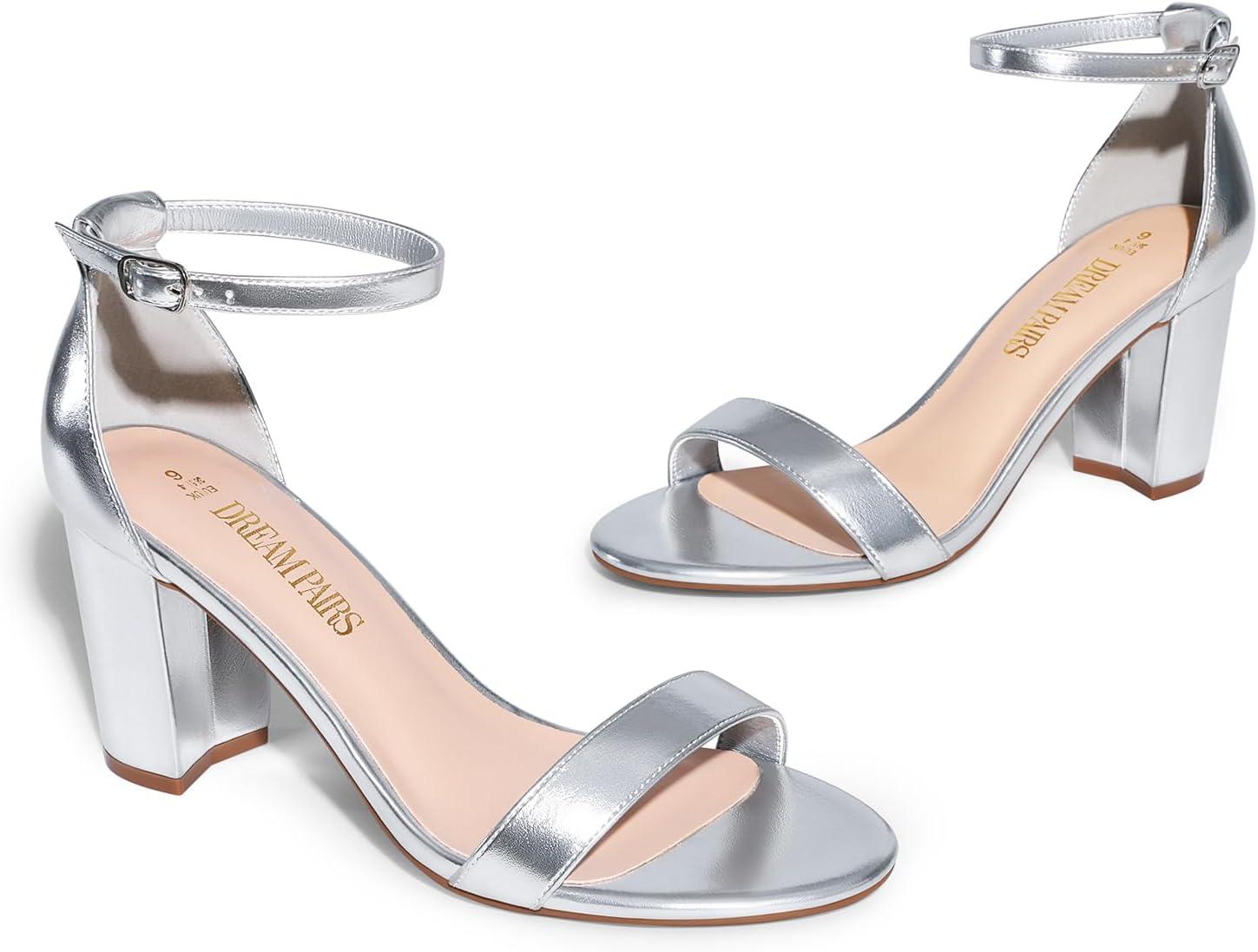 imageDREAM PAIRS Womens Chunk Low Heel Pump SandalsSilvermetallic