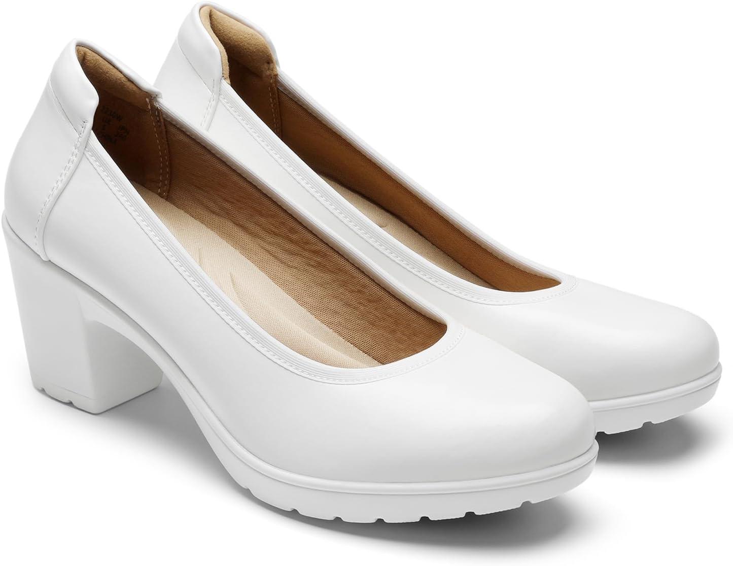 imageDREAM PAIRS Womens Chunky Closed Toe Low Block Heels Work Pumps Comfortable Round Toe Dress Wedding Shoes NereidaWhite