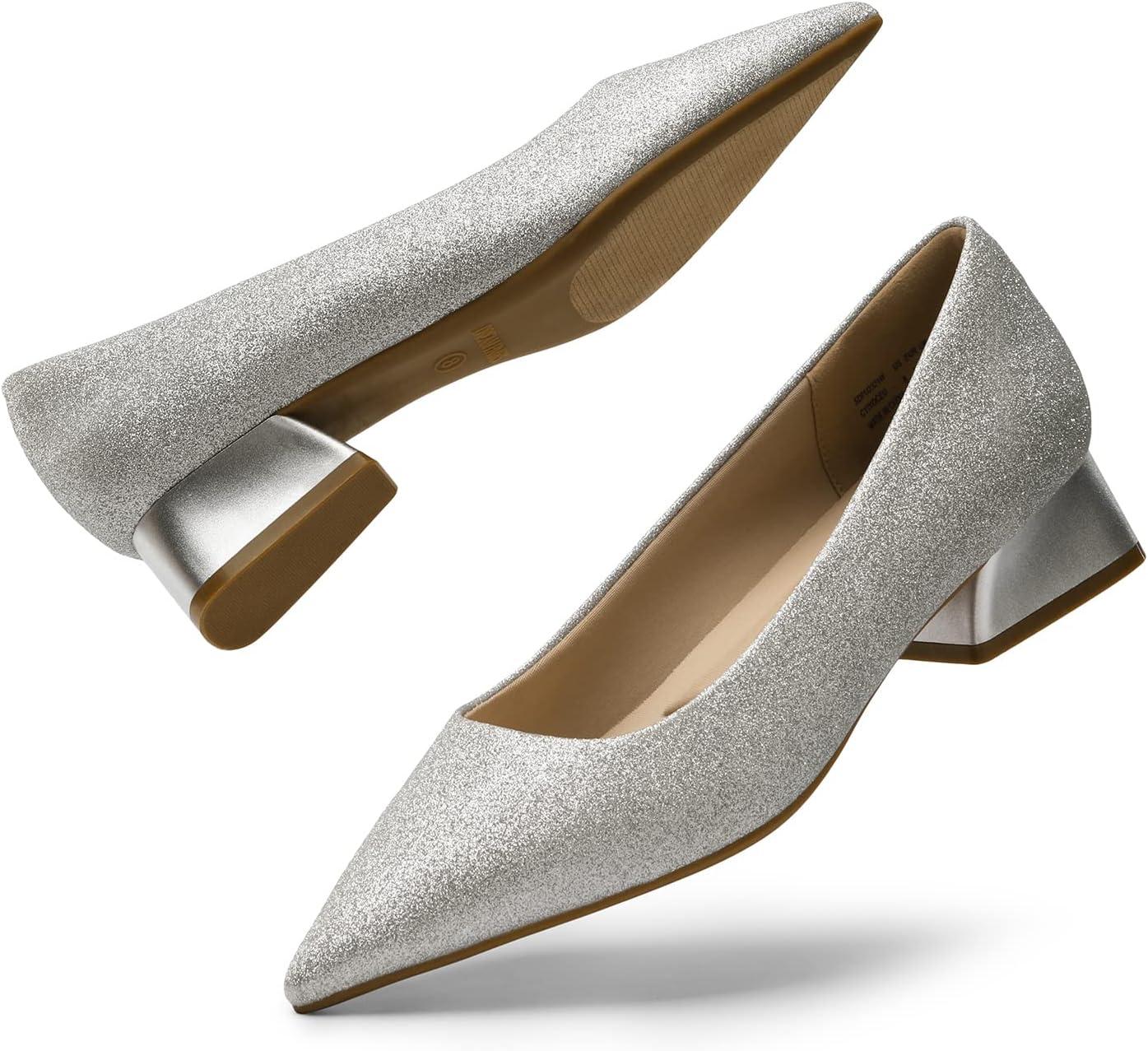 imageDREAM PAIRS Womens Chunky Heels Closed Toe Low Block Work Shoes Pointed Toe Dress Comfortable Wedding PumpsSilverglitter
