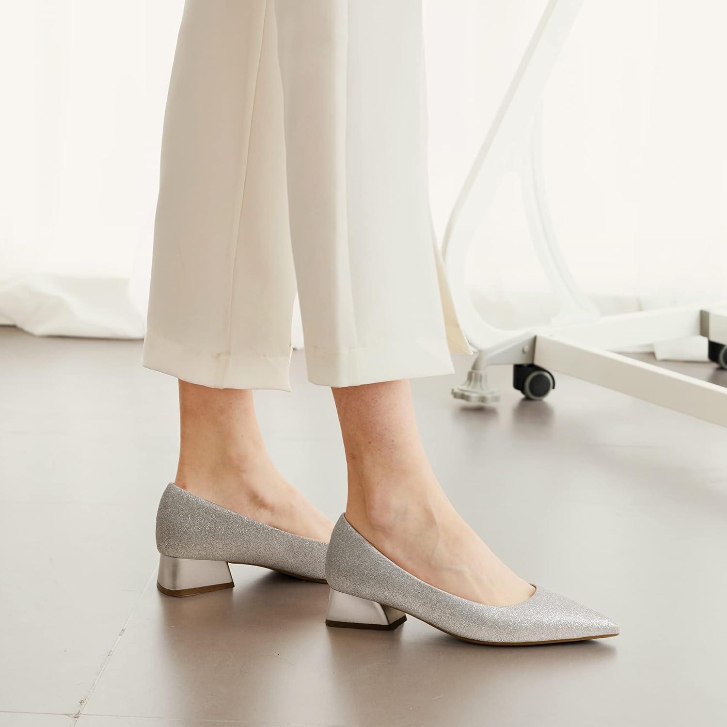 imageDREAM PAIRS Womens Chunky Heels Closed Toe Low Block Work Shoes Pointed Toe Dress Comfortable Wedding PumpsSilverglitter