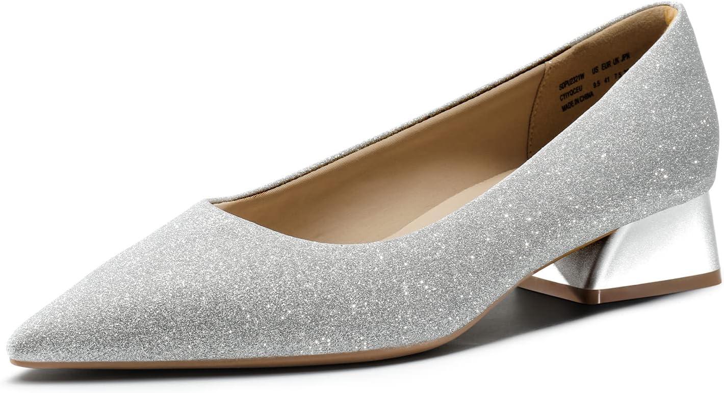 imageDREAM PAIRS Womens Chunky Heels Closed Toe Low Block Work Shoes Pointed Toe Dress Comfortable Wedding PumpsSilverglitter