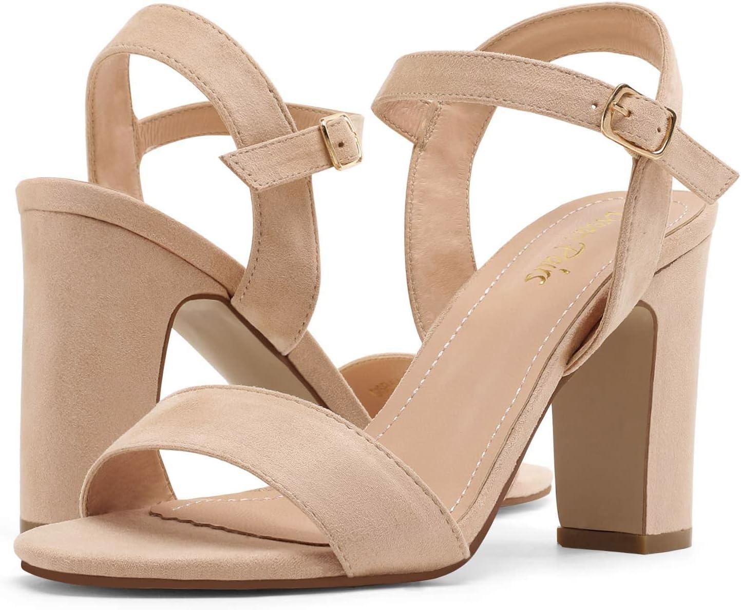 imageDREAM PAIRS Womens Chunky Heels Open Toe Ankle Strap High Block Comfy Dress Heel Sandals Pumps ShoesNudeSuede