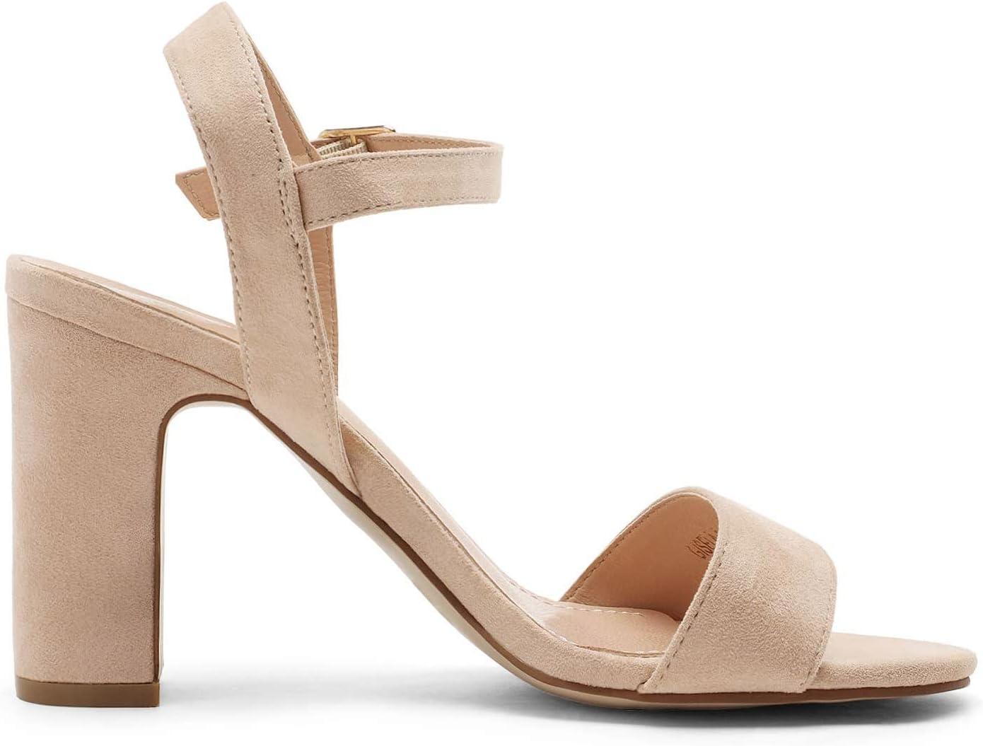 imageDREAM PAIRS Womens Chunky Heels Open Toe Ankle Strap High Block Comfy Dress Heel Sandals Pumps ShoesNudeSuede