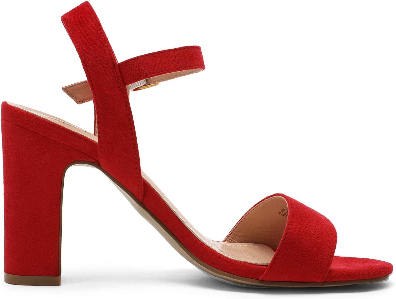 imageDREAM PAIRS Womens Chunky Heels Open Toe Ankle Strap High Block Comfy Dress Heel Sandals Pumps ShoesRedSuede