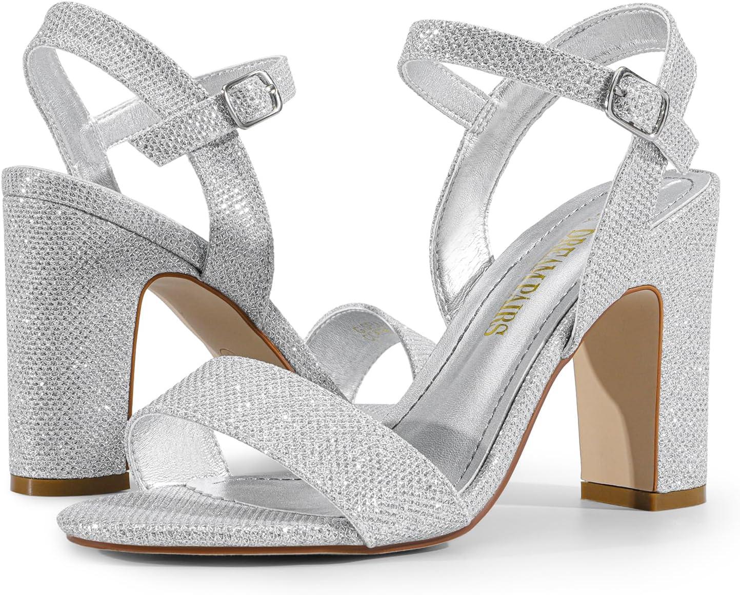imageDREAM PAIRS Womens Chunky Heels Open Toe Ankle Strap High Block Comfy Dress Heel Sandals Pumps ShoesSilverglitter