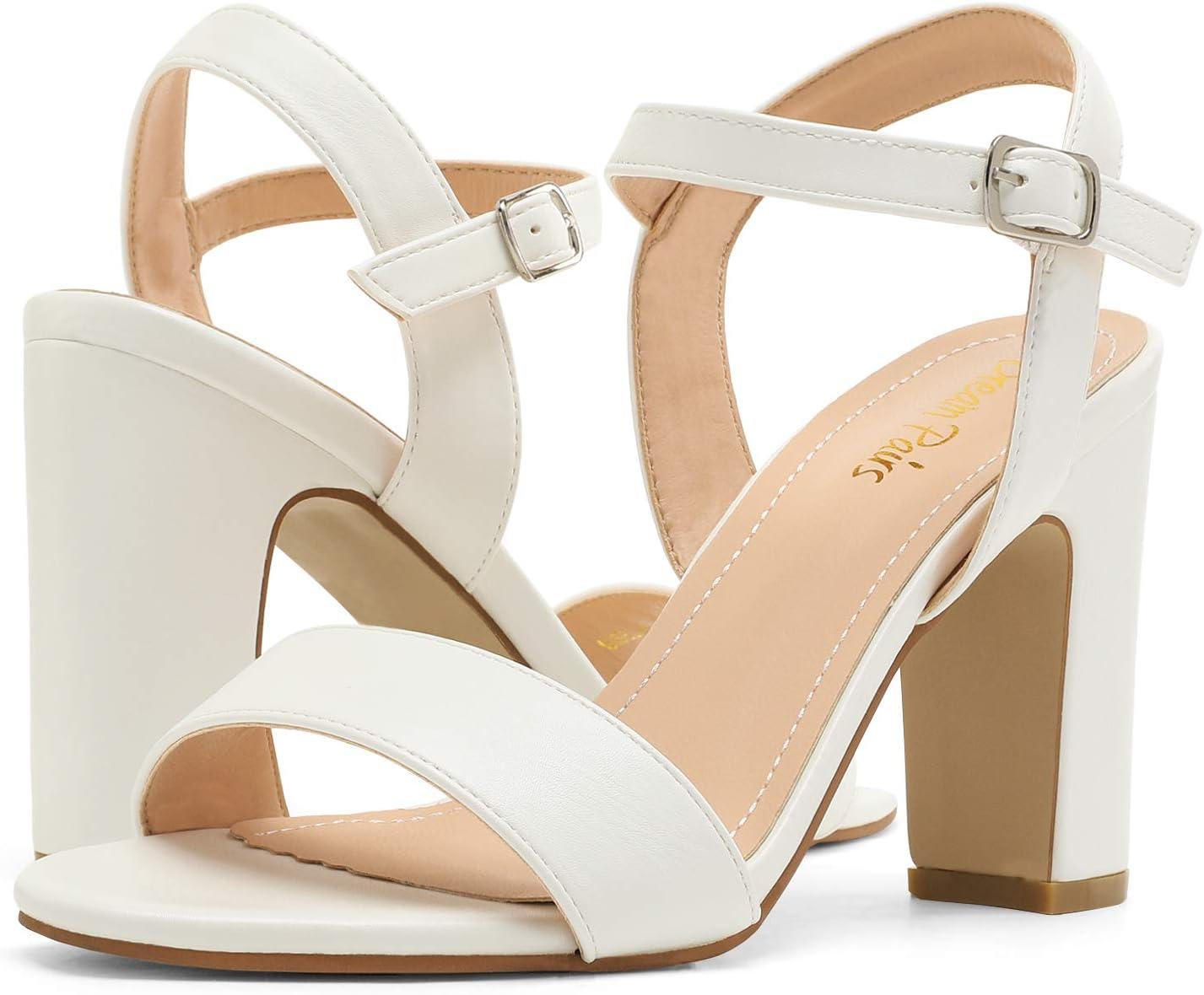 imageDREAM PAIRS Womens Chunky Heels Open Toe Ankle Strap High Block Comfy Dress Heel Sandals Pumps ShoesWhitePu