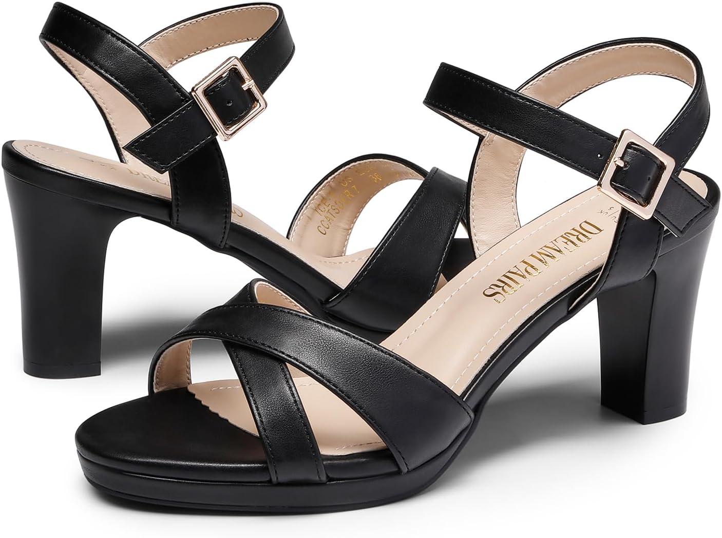 imageDREAM PAIRS Womens Chunky Heels Open Toe Ankle Strap Sparkly Heels Pump SandalsBlackpu