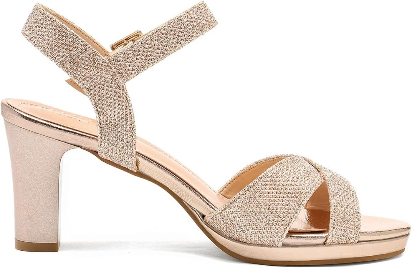 imageDREAM PAIRS Womens Chunky Heels Open Toe Ankle Strap Sparkly Heels Pump SandalsChampagneGlitter