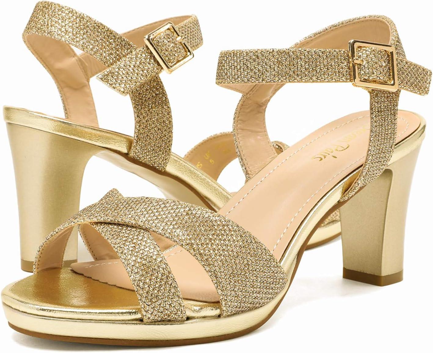imageDREAM PAIRS Womens Chunky Heels Open Toe Ankle Strap Sparkly Heels Pump SandalsGoldGlitter