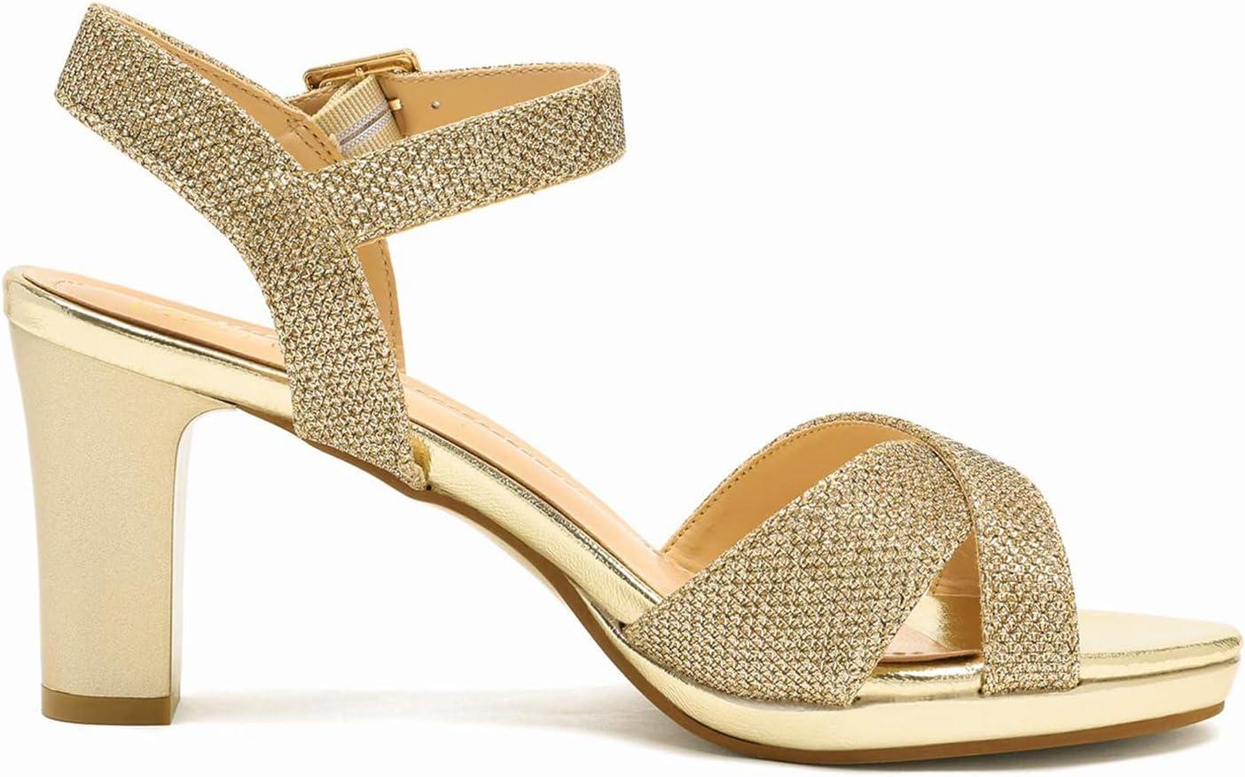 imageDREAM PAIRS Womens Chunky Heels Open Toe Ankle Strap Sparkly Heels Pump SandalsGoldGlitter