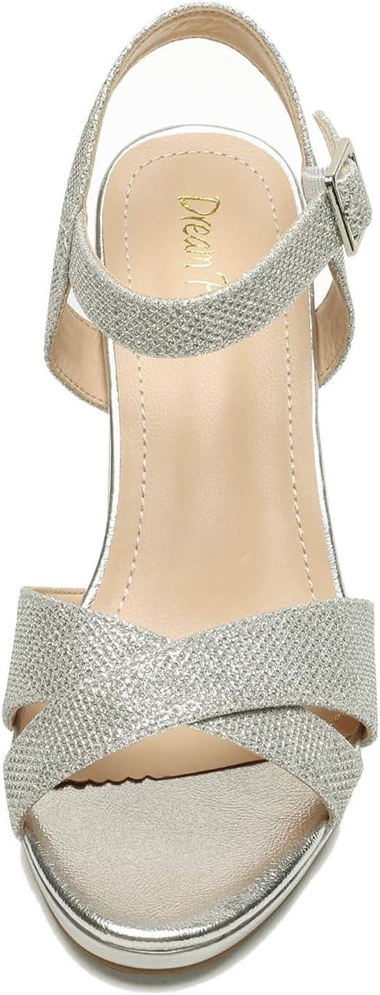 imageDREAM PAIRS Womens Chunky Heels Open Toe Ankle Strap Sparkly Heels Pump SandalsSilverGlitter