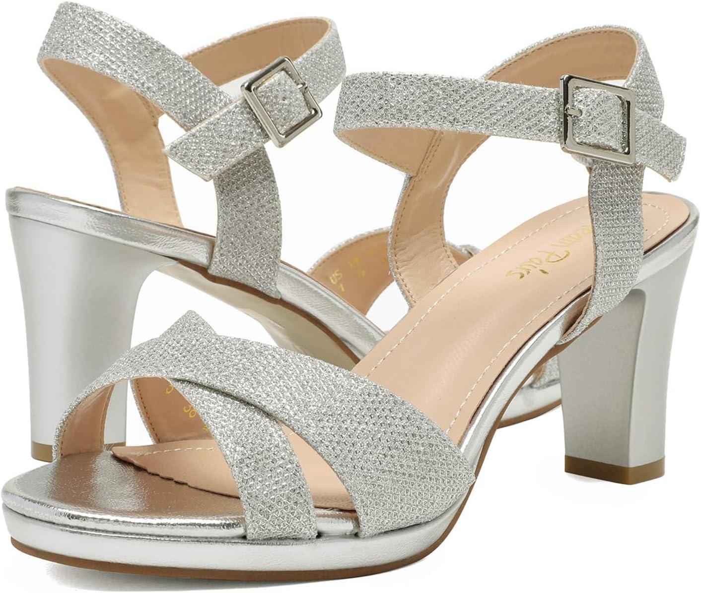 imageDREAM PAIRS Womens Chunky Heels Open Toe Ankle Strap Sparkly Heels Pump SandalsSilverGlitter