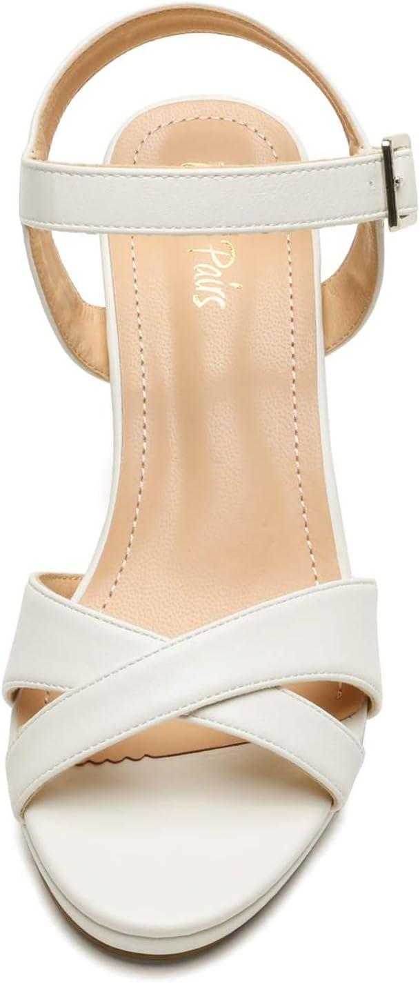 imageDREAM PAIRS Womens Chunky Heels Open Toe Ankle Strap Sparkly Heels Pump SandalsWhitePu