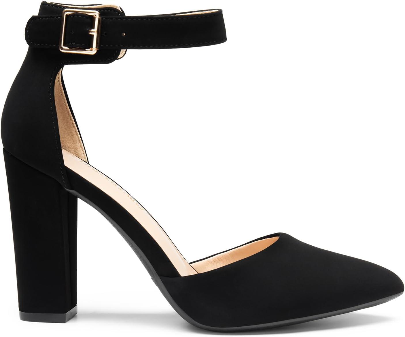 imageDREAM PAIRS Womens Chunky High Heels Dress Pumps Closed Pointed Toe Block Ankle Strap Shoes for Wedding PartyBlacknubuck