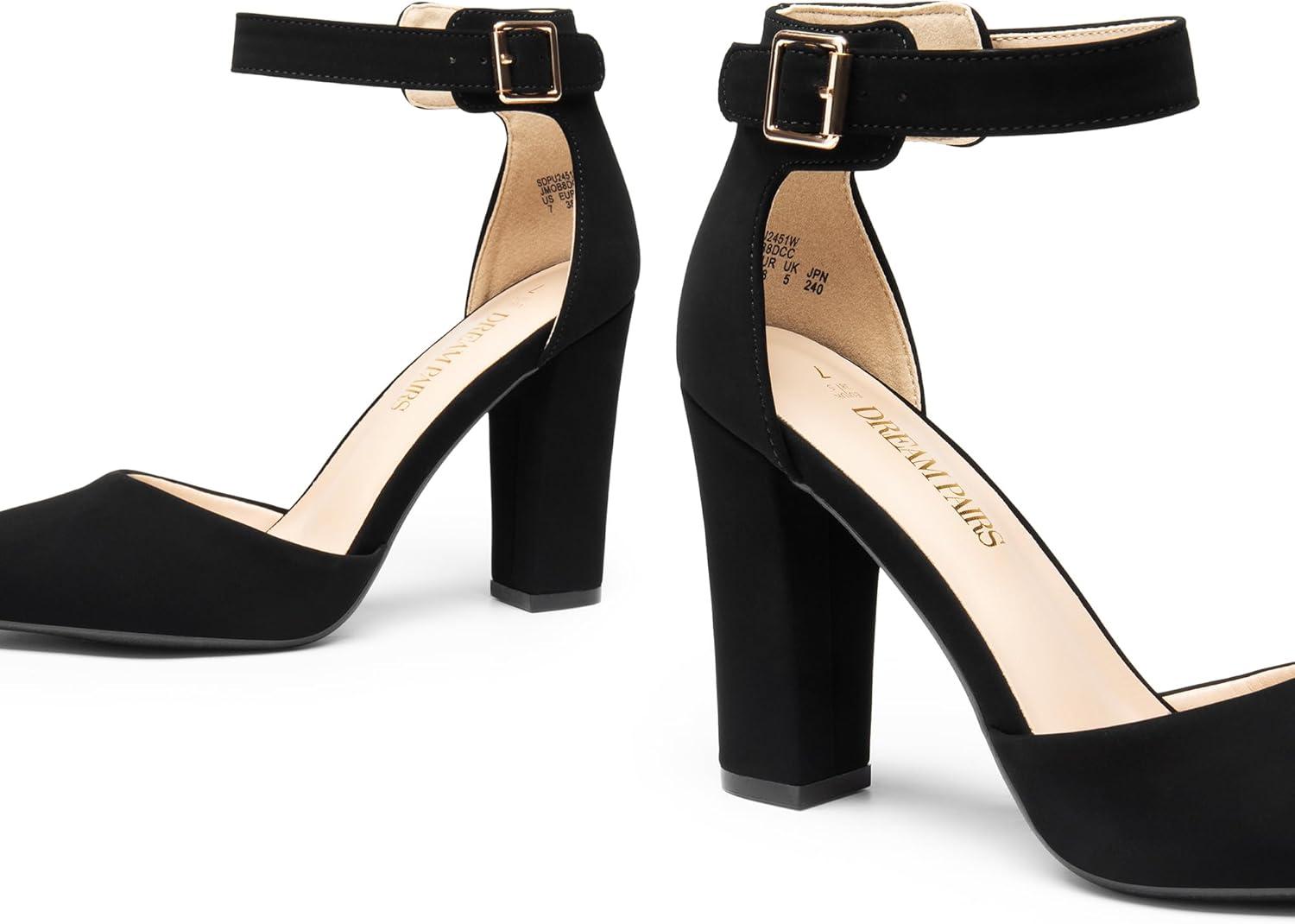 imageDREAM PAIRS Womens Chunky High Heels Dress Pumps Closed Pointed Toe Block Ankle Strap Shoes for Wedding PartyBlacknubuck