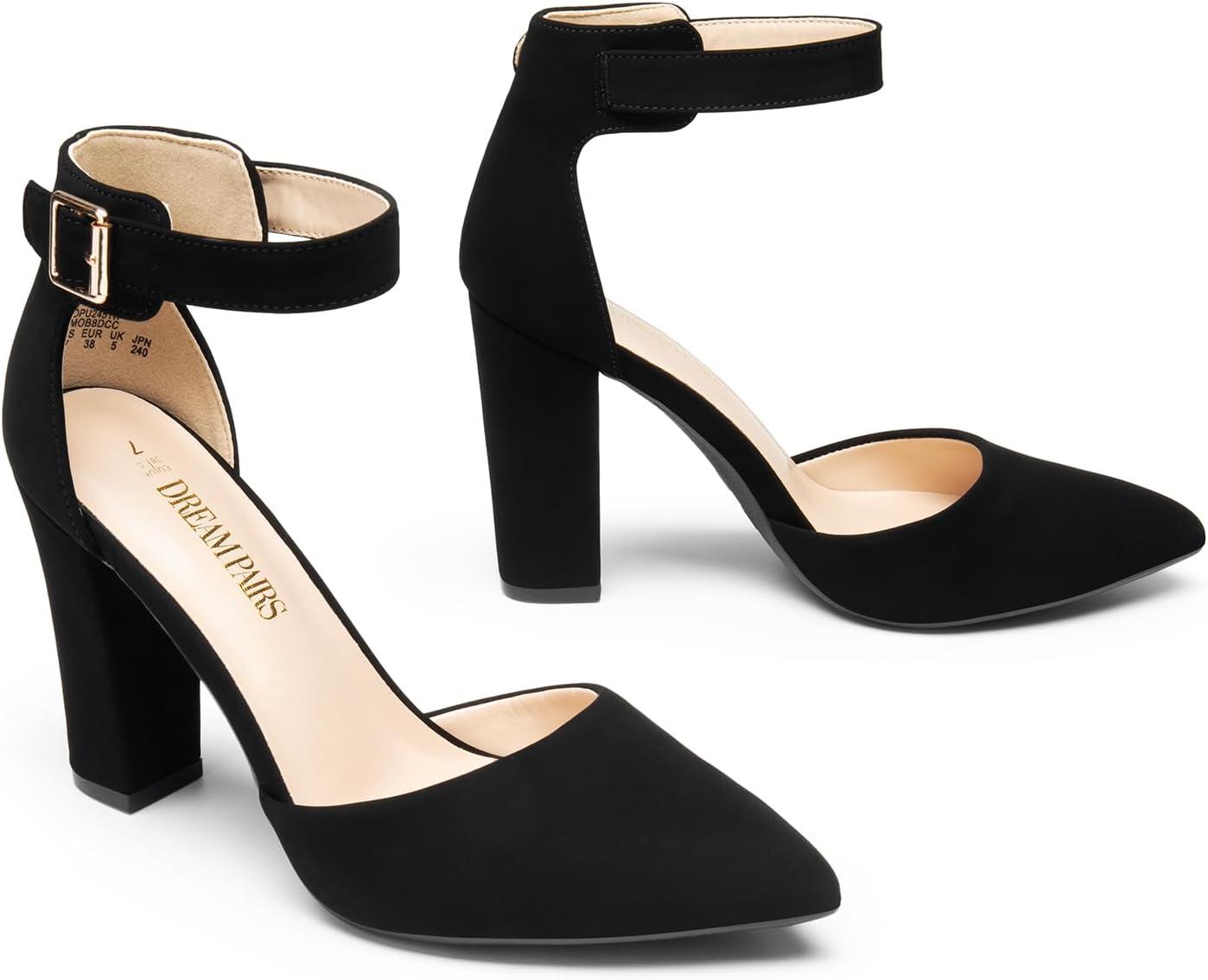 imageDREAM PAIRS Womens Chunky High Heels Dress Pumps Closed Pointed Toe Block Ankle Strap Shoes for Wedding PartyBlacknubuck