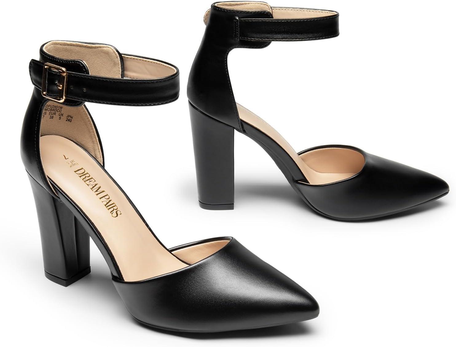 imageDREAM PAIRS Womens Chunky High Heels Dress Pumps Closed Pointed Toe Block Ankle Strap Shoes for Wedding PartyBlackpu