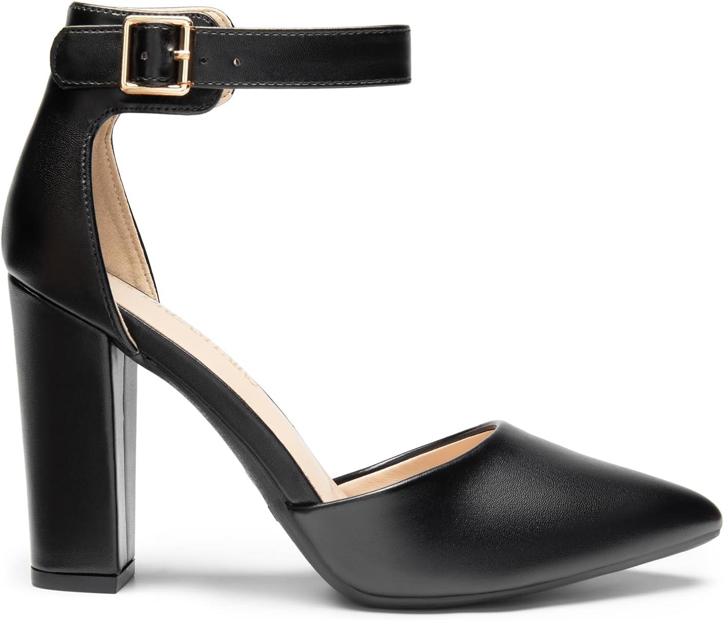imageDREAM PAIRS Womens Chunky High Heels Dress Pumps Closed Pointed Toe Block Ankle Strap Shoes for Wedding PartyBlackpu